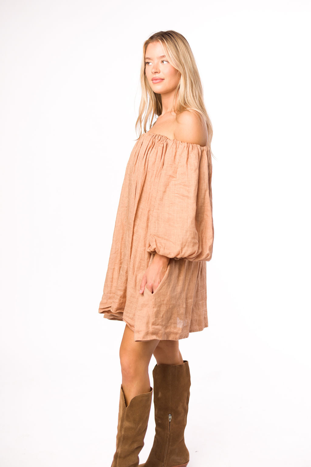 Cassidy 100% Linen Off Shoulder Mini Dress - Women's Summer Boho Dress in Mocha Brown | Beach Wedding, Vacation, Date Night Outfit