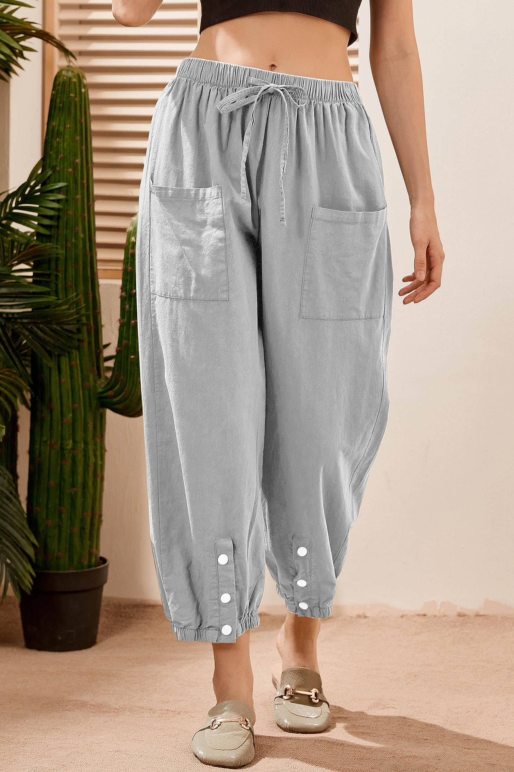 Women's Cropped Drawstring Waist Wide Leg Loose Cotton Linen Capri Pants - Comfortable Summer Casual Pants for Beach, Travel and Everyday Wear