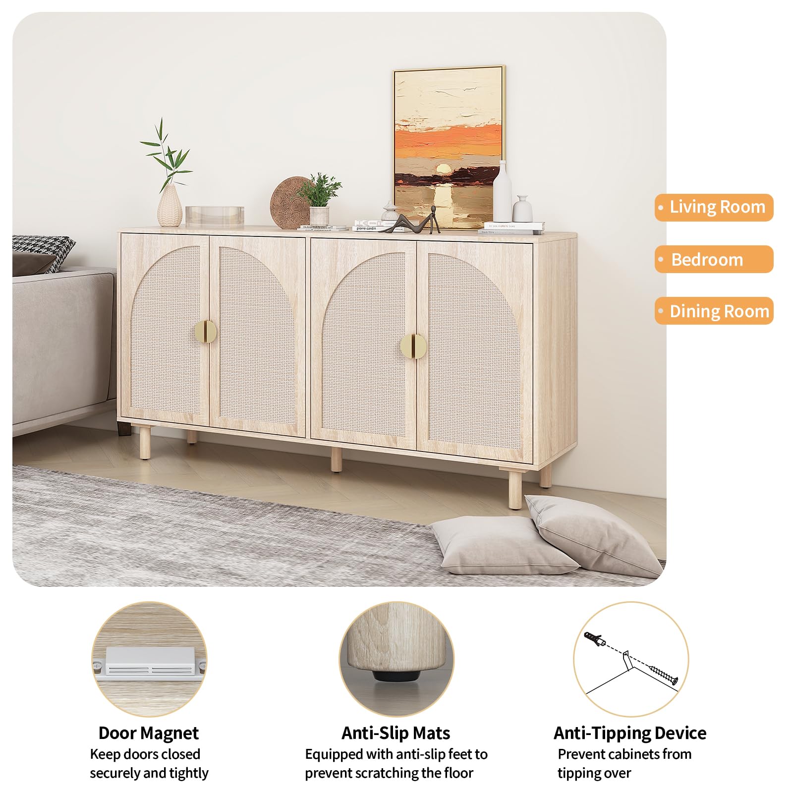 Modern Rattan Sideboard Buffet Cabinet with 4 Doors & 2 Adjustable Shelves - Boho Storage Cabinet for Living Room, Kitchen, Dining Room - Natural Woven Accent Console for Home Organization & Decor