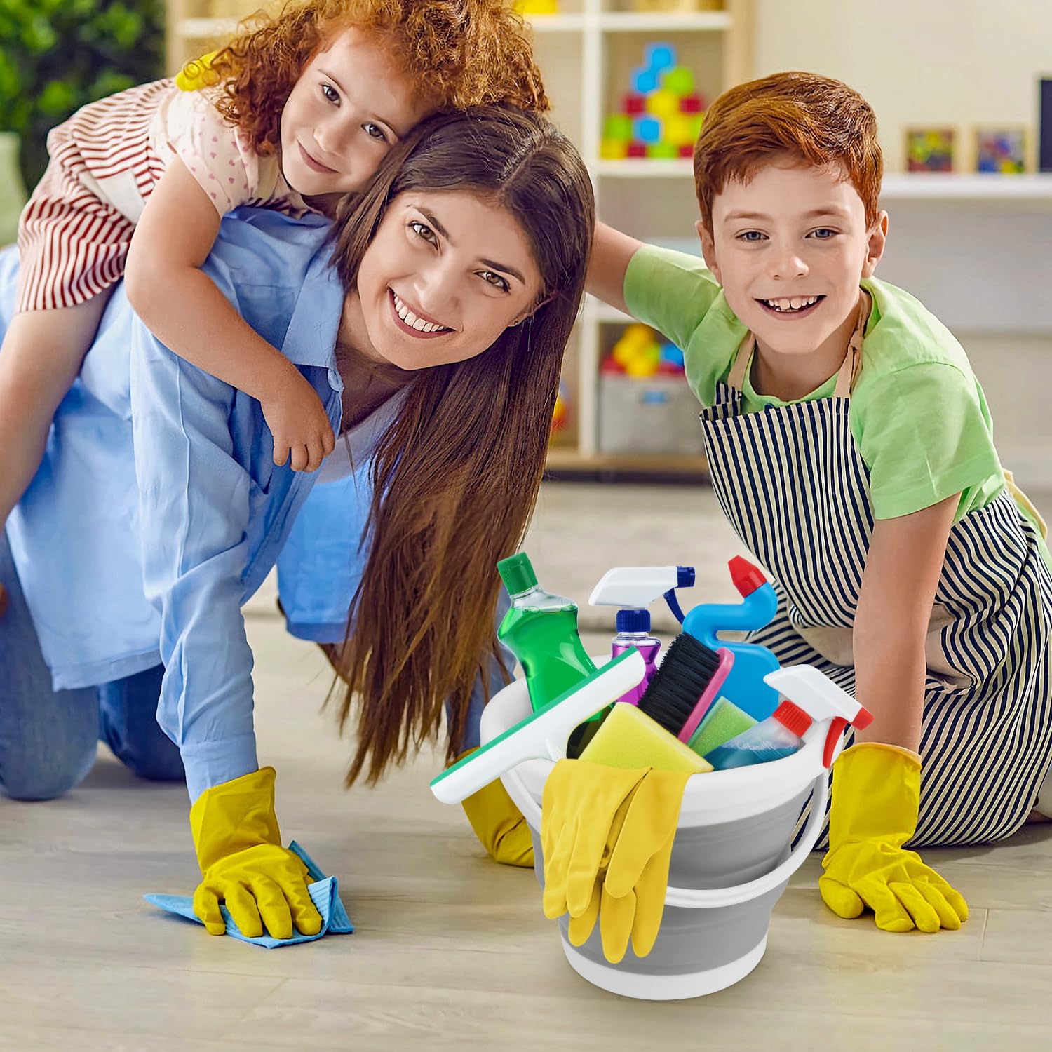 Collapsible 5L (1.3 Gallon) Silicone Mop Bucket & Ice Bucket - No Wringer Set, Portable Cleaning Supplies for Bathroom & Floor - Perfect for Household Cleaning, Mopping, and Chilling Drinks at Parties