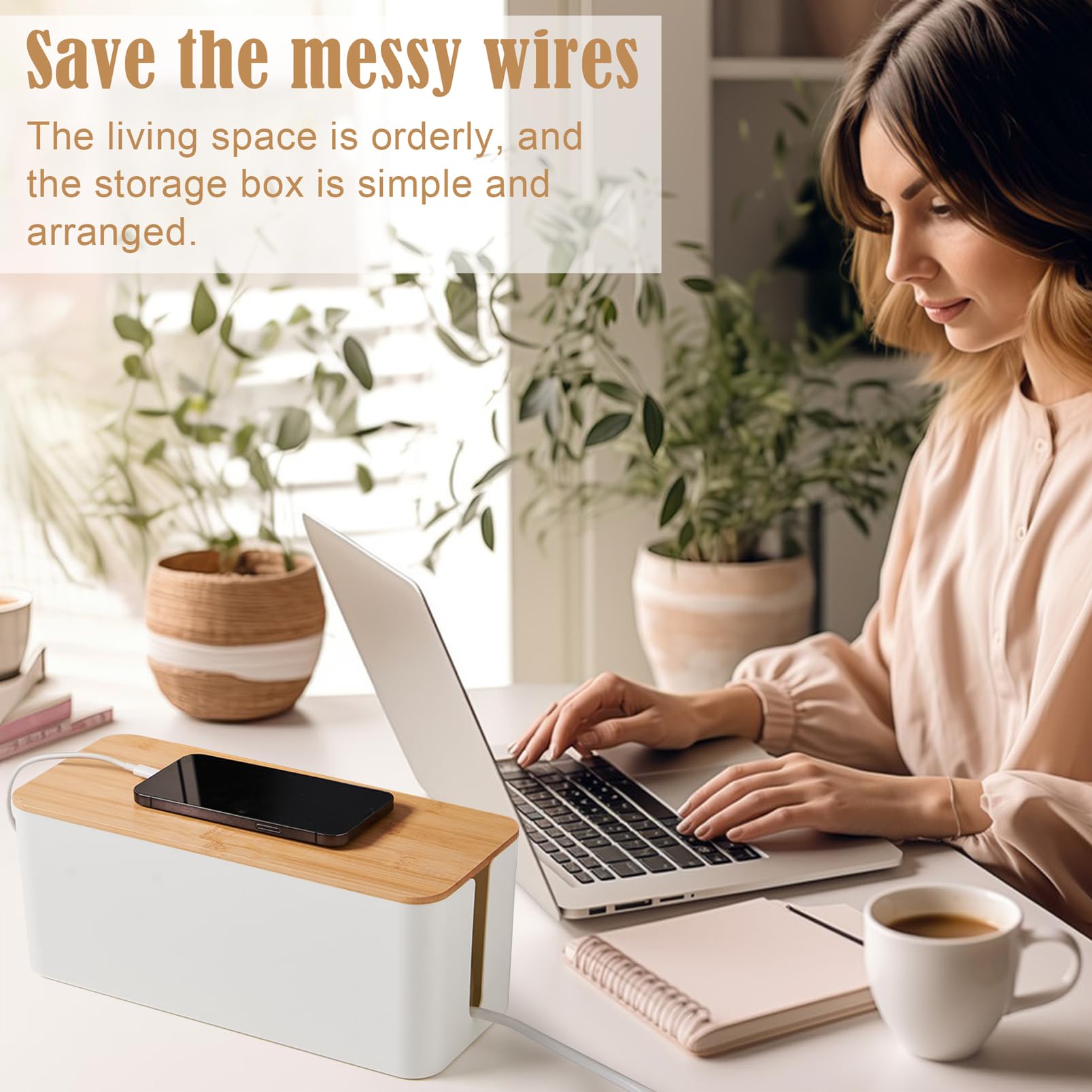White Cable Organizer Box with Bamboo Lid - Cord Management Solution for Hiding Wires & Power Strips - Perfect for Home Office, Living Room & Bedroom Cable Storage