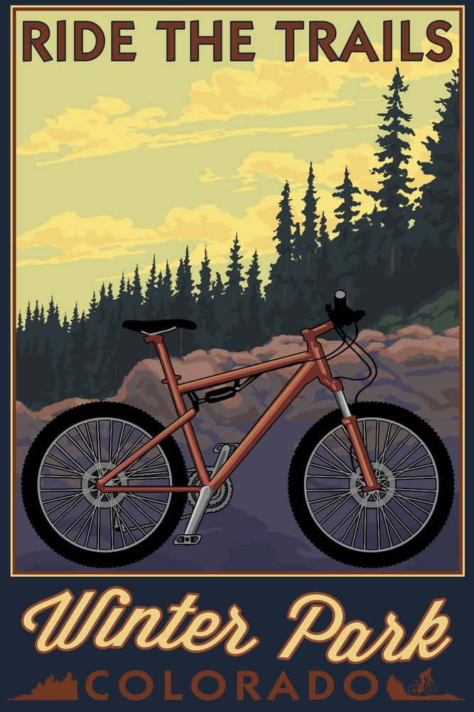 Colorado Winter Park Mountain Bike Scene 55019 - Signed 24x36 Art Print, Wall Decor Poster for Home & Office