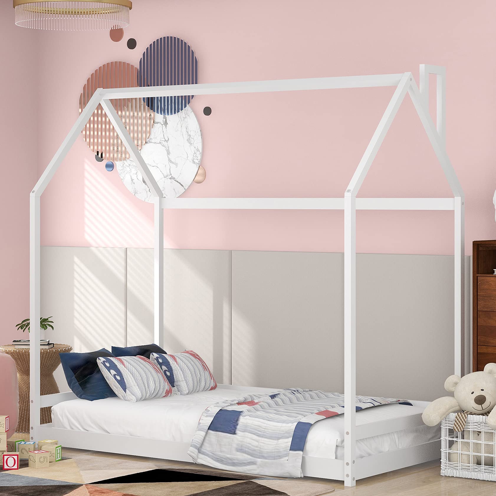 MERITLINE Full Size House Bed Frame with Roof - No Box Spring Needed - Perfect for Kids' Bedrooms, Playrooms & Cozy Reading Nooks