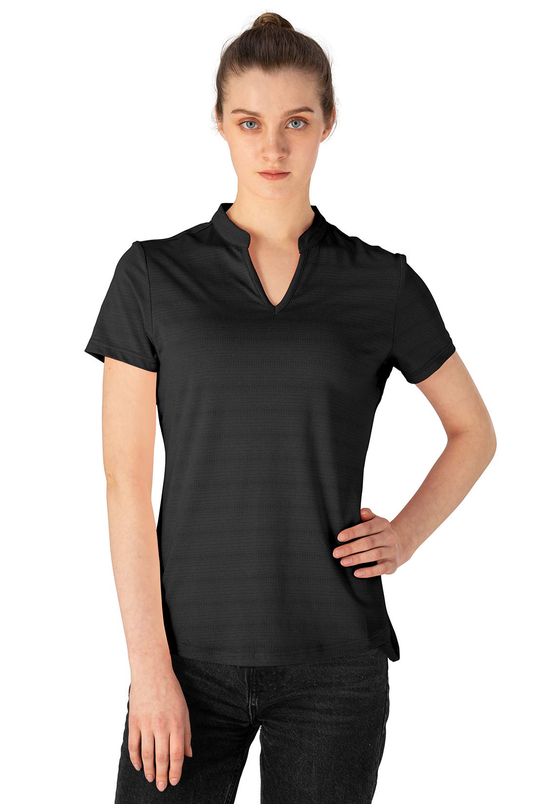 YSENTO Women's Dry Fit Golf Polo Shirts - Breathable Moisture Wicking Short Sleeve V Neck Collarless Athletic Shirts for Golf, Tennis & Casual Wear