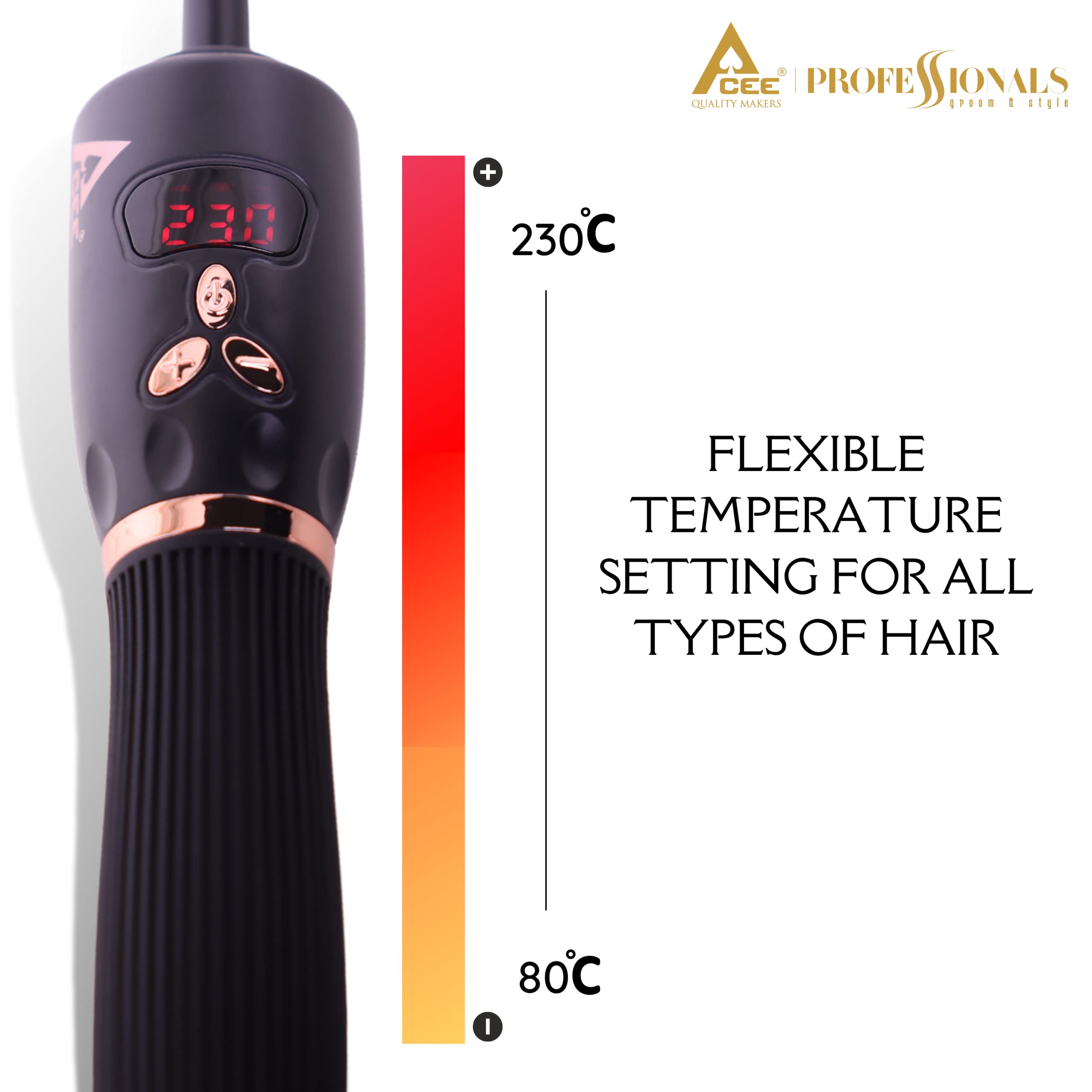 Acee Professionals HCT 5000 Ceramic Hair Curling Iron - 16mm Barrel for All Hair Types | Onyx Black | Perfect for Beach Waves, Wedding Hairstyles & Daily Styling