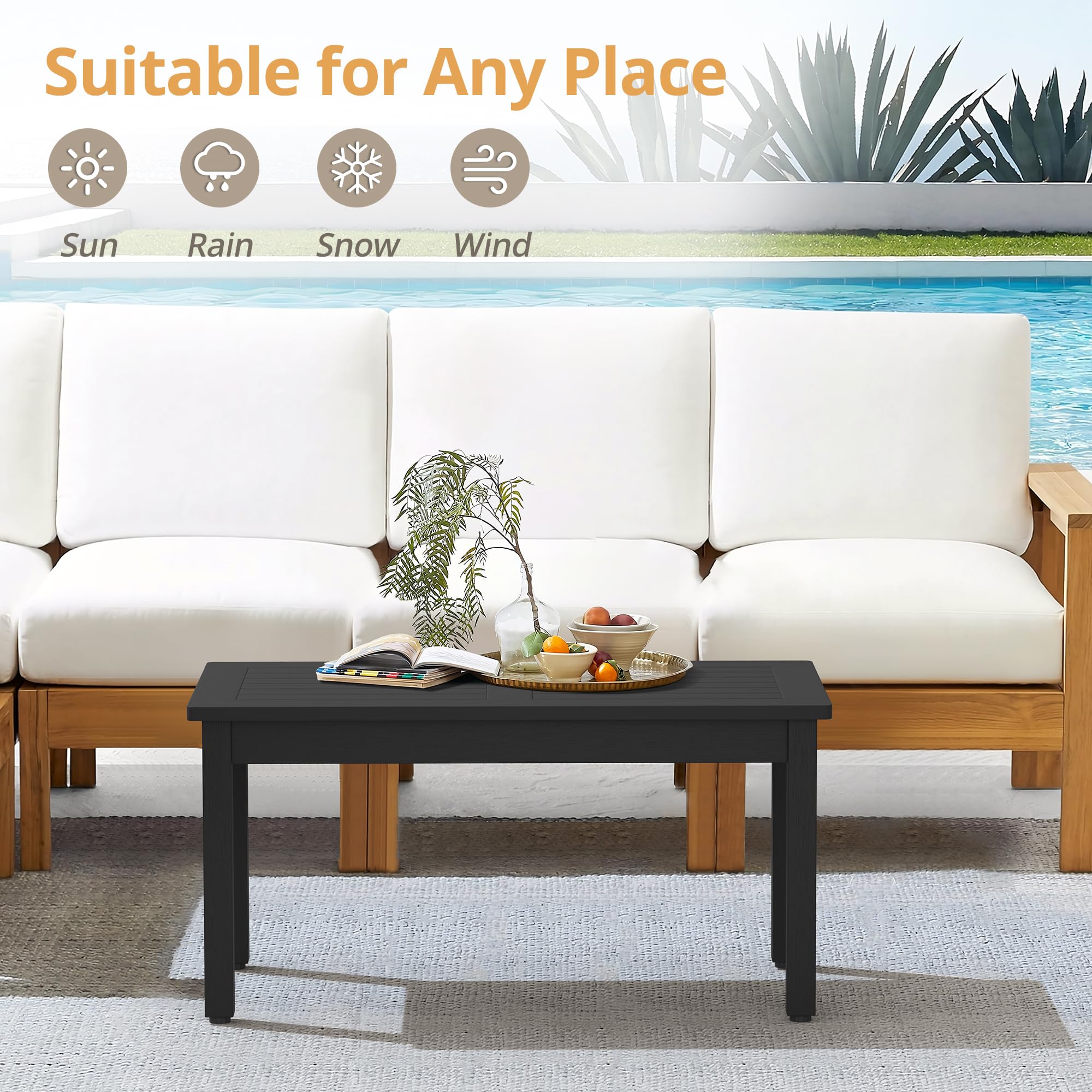 LUE BONA Outdoor Coffee Table Rectangle - Weatherproof HDPS Patio Coffee Table with Slatted Tabletop for Deck, Garden, Balcony - Perfect for Indoor & Outdoor Use (Black) | Ideal for Backyard Relaxation, Poolside Lounging, and Outdoor Entertaining