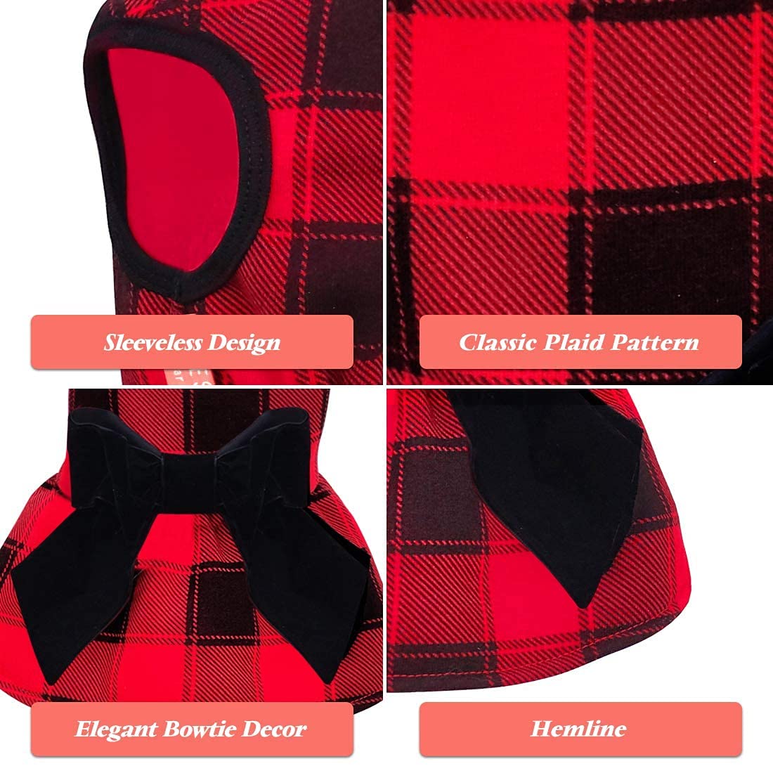 KYEESE Red Buffalo Check Christmas Dog Dress with Bowtie - Medium Size Pet Costume for Holiday Parties & Family Photos