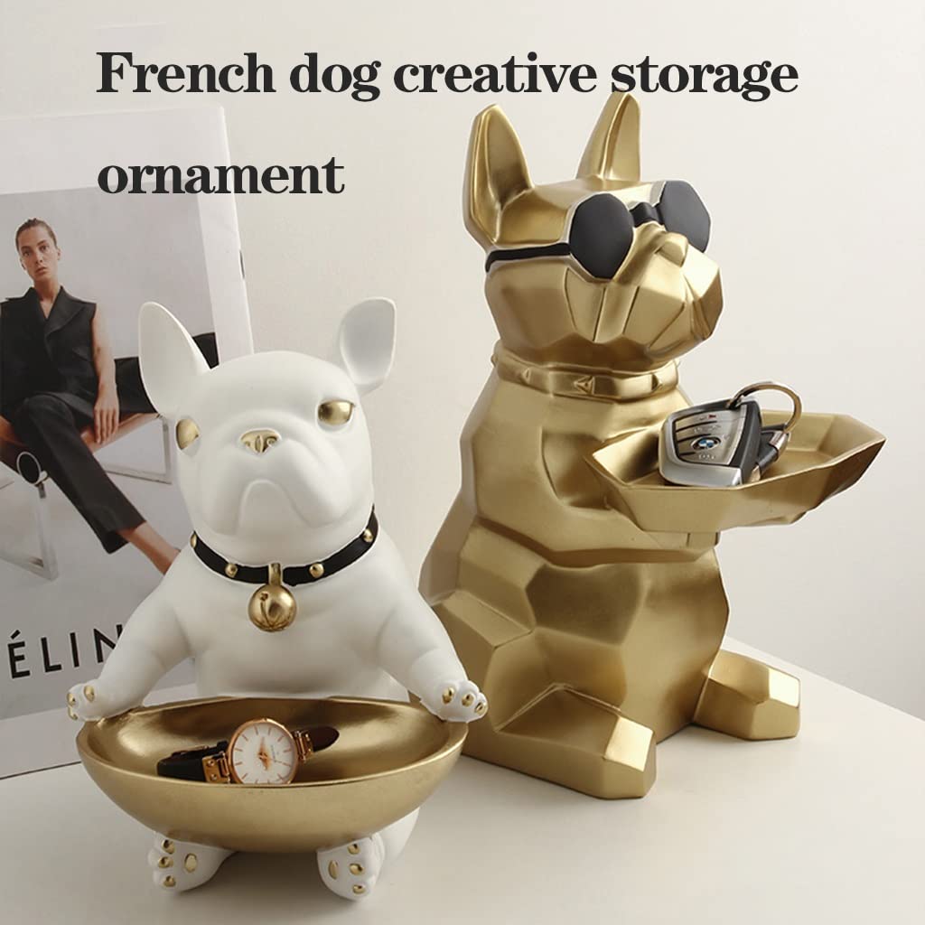 Gold Resin Bulldog Figurine - Coin Bank, Jewelry Tray & Key Holder - Decorative Dog Statue for Home Office Desk - Perfect for Gift Giving, Candy Storage & Tabletop Decor
