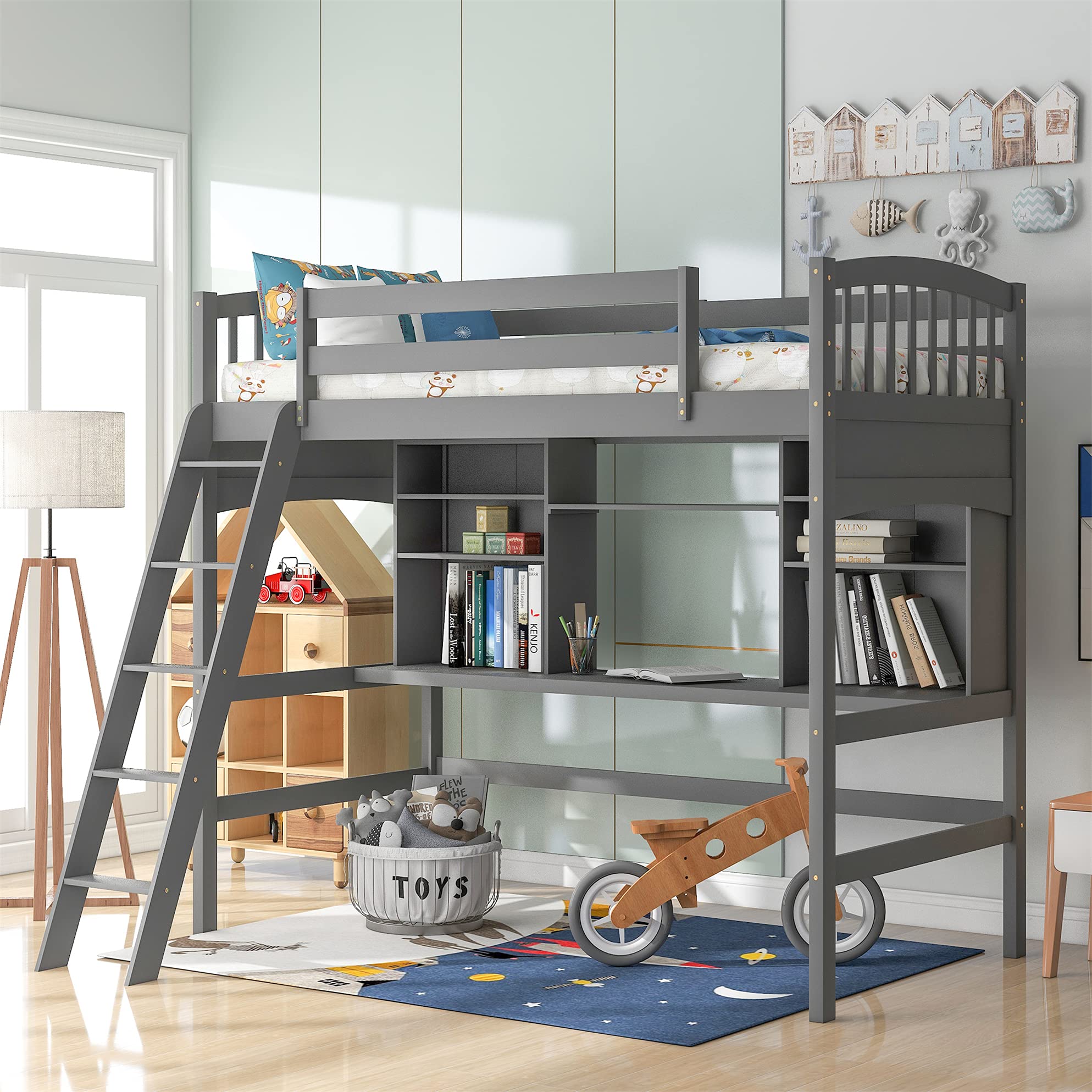 MERITLINE Twin Size Wood Loft Bed with Study Desk & Angled Ladder - Natural Grey Finish for Kids & Teens | Space-Saving Bedroom Furniture for Small Rooms & Dorm Living