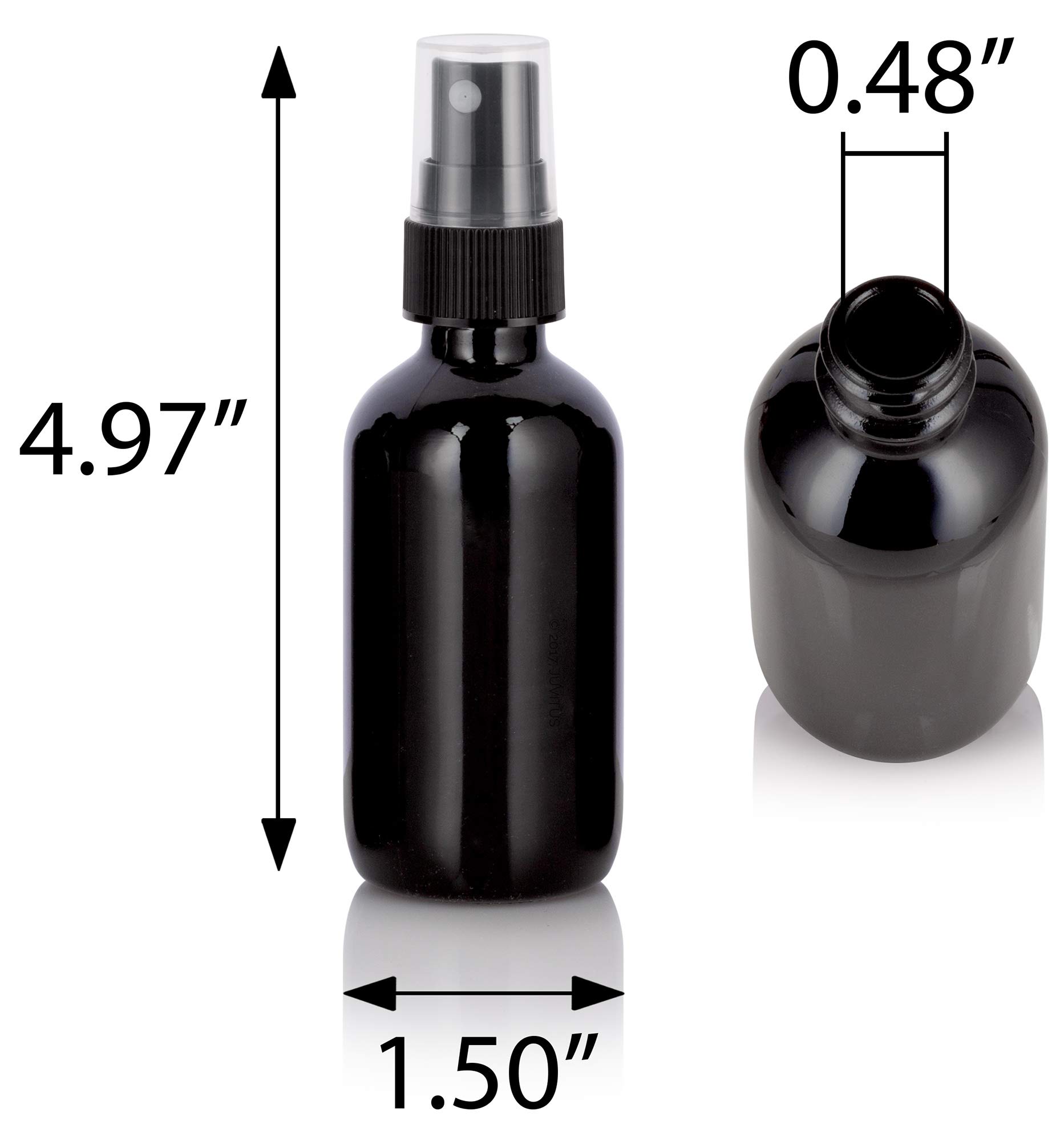 JUVITUS 2 oz Black Glass Boston Round Bottle with Black Fine Mist Spray (6 Pack) + Funnel - Perfect for Essential Oils, Perfumes & DIY Beauty Products