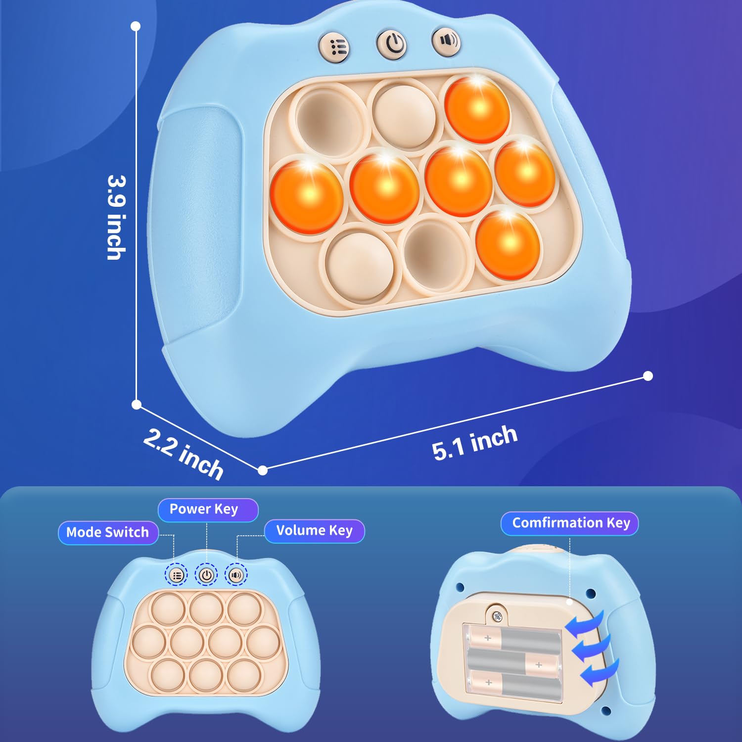 Upgraded Fast Push Game for Kids 6-12 | Pop Sensory Fidget Toys for Boys & Girls Ages 3-12 | Stress Relief & Reaction Training | Perfect Birthday Gift for Kids | Great for Classroom, Travel & Home Play (Blue)