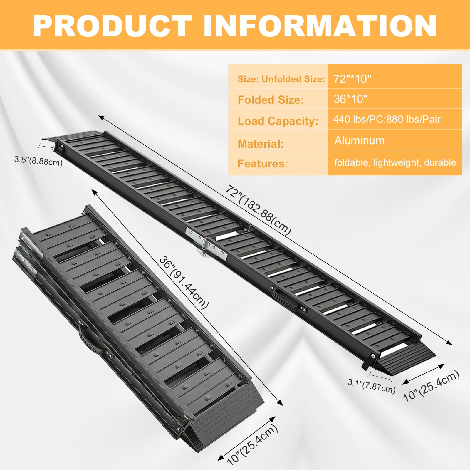 Gardhom Heavy Duty Aluminum Bike Ramp - 440 LBS Capacity Motorcycle Loading Ramp for Pickup Trucks, Dirt Bikes, Lawn Mowers & Snow Blowers - Universal Car Tailgate Accessory (Black, 1PC) - Perfect for Garage Storage, Off-Road Adventures & Equipment Transport