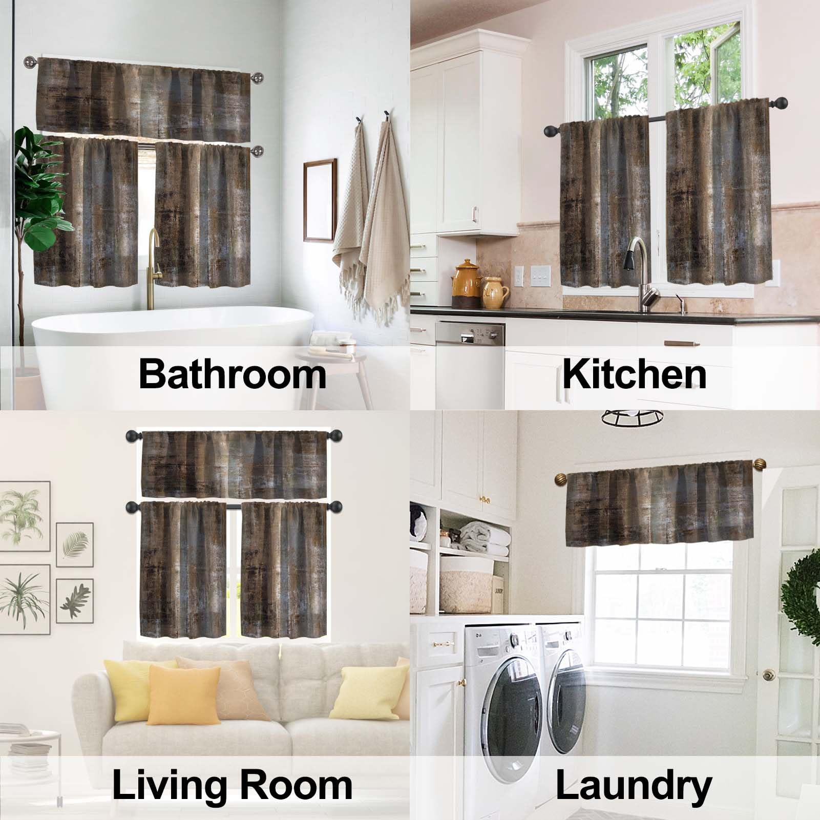 MCALK 3-Piece Brown Kitchen Curtain Set with Grey Abstract Valances - 36