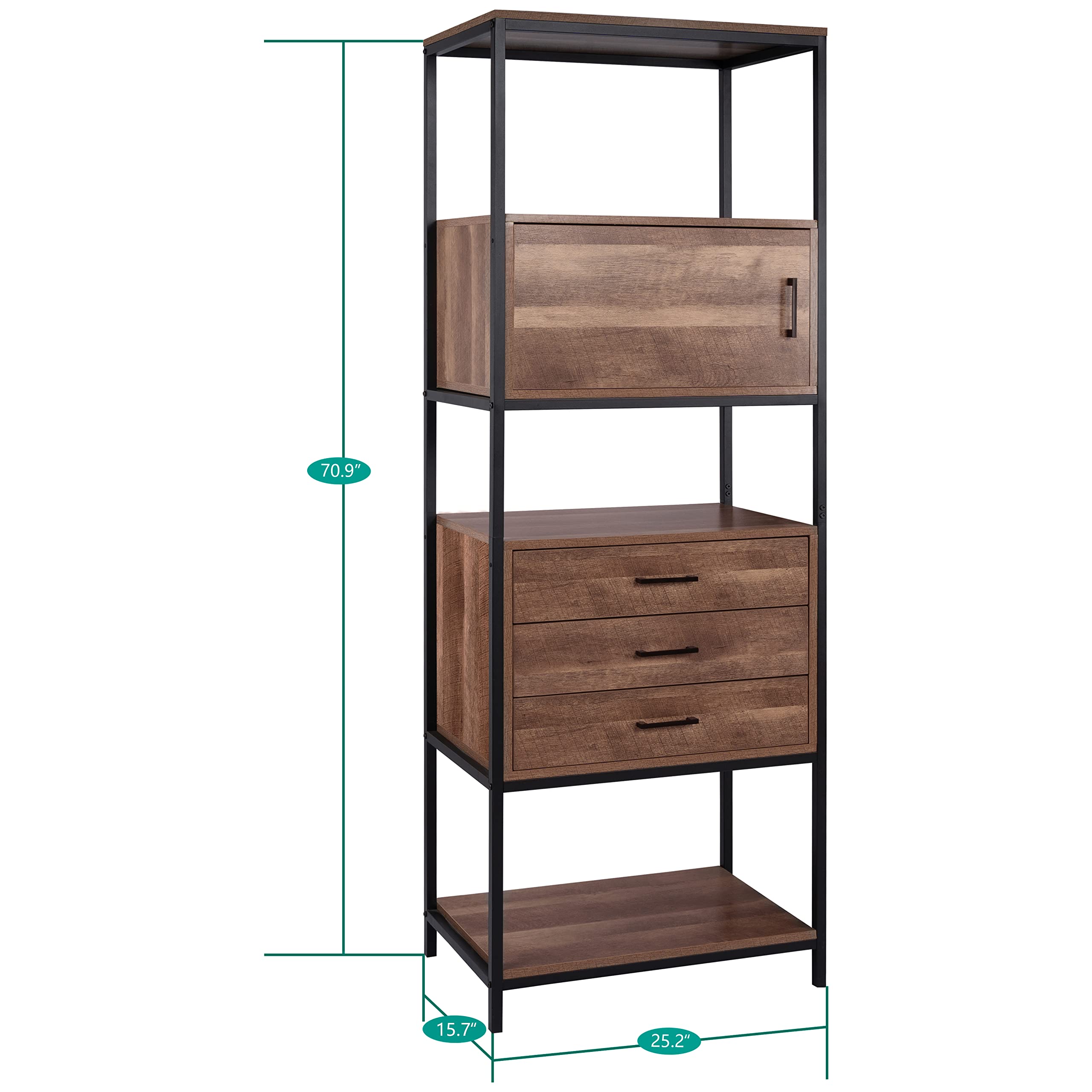 Naomi Home Parker Bookcase with Storage Shelves & Pullout Drawers - Modern Bookshelf Organizer with Metal Frame for Bedroom, Living Room, Office - Walnut Finish