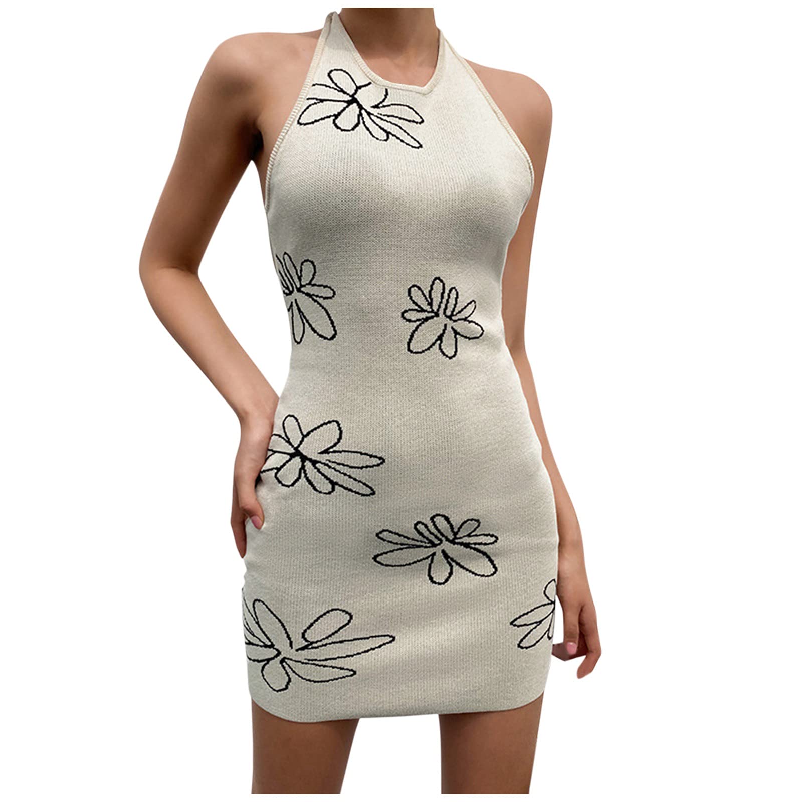 Women's Mini Knitted Skinny Floral Print Halter Neck Sleeveless Summer Dress - Perfect for Beach Vacations, Parties & Casual Outings