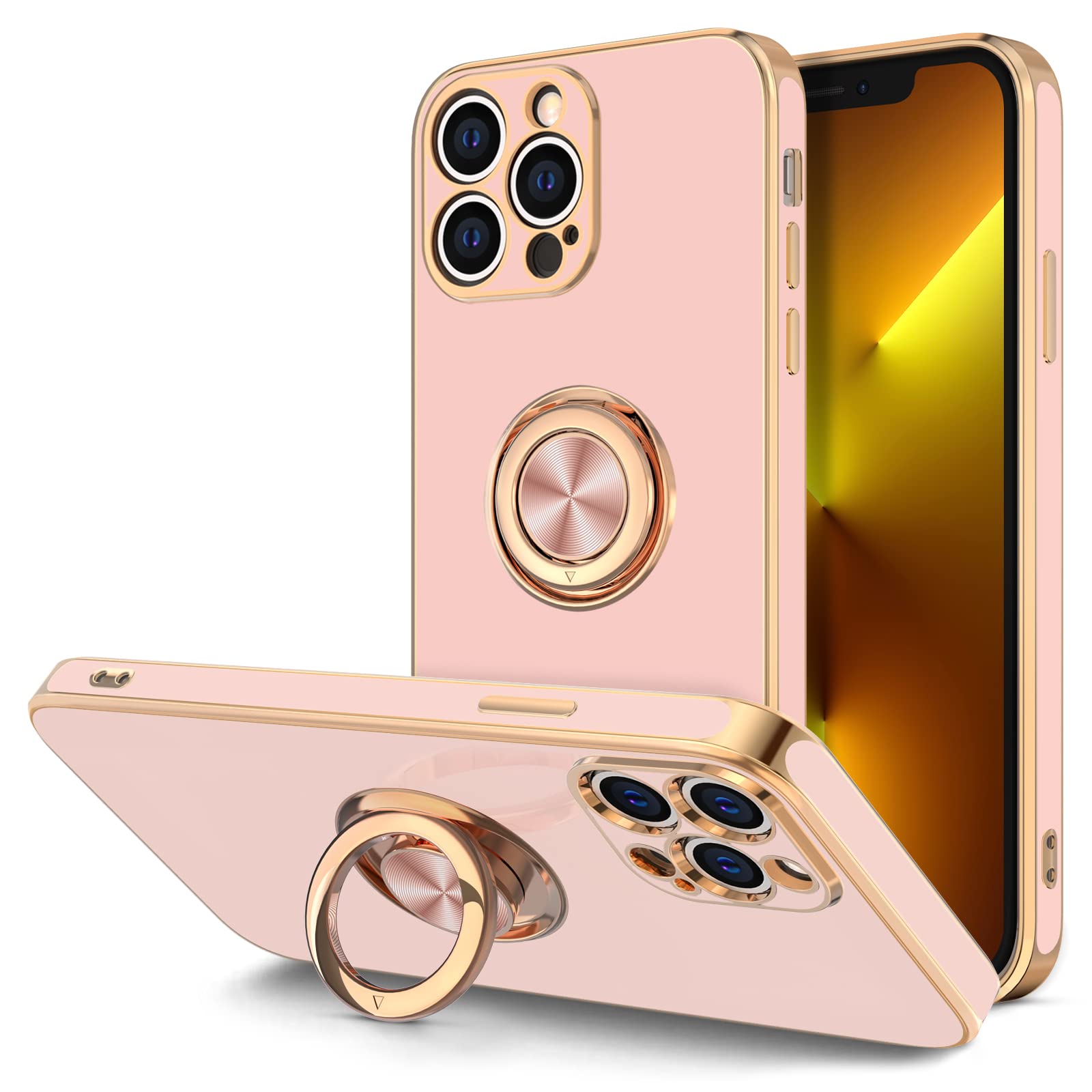 Hython Magnetic Ring Stand Case for iPhone 13 Pro Max - 360° Rotatable Kickstand, Rose Gold Plated Edge, Slim Soft TPU Protective Cover (Pink) - Perfect for Women & Girls, Ideal for Work, Travel and Hands-Free Viewing