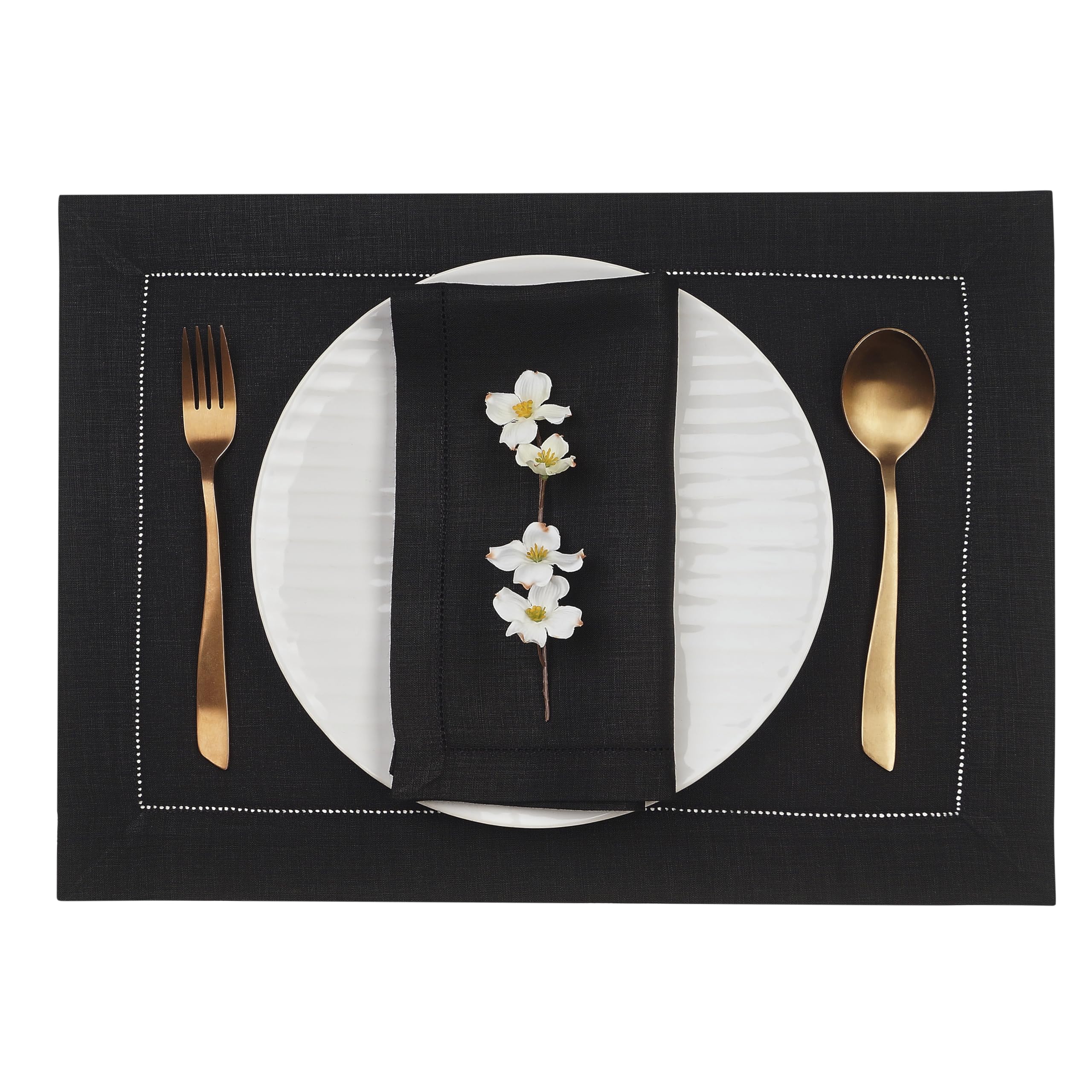 D'Moksha Homes 4-Pack 100% Pure Linen Placemats - 14x19 Inch Black Table Mats with Classic Hemstitch, Machine Washable for Dining Table Decor - Perfect for Spring Gatherings, Dinner Parties & Everyday Use