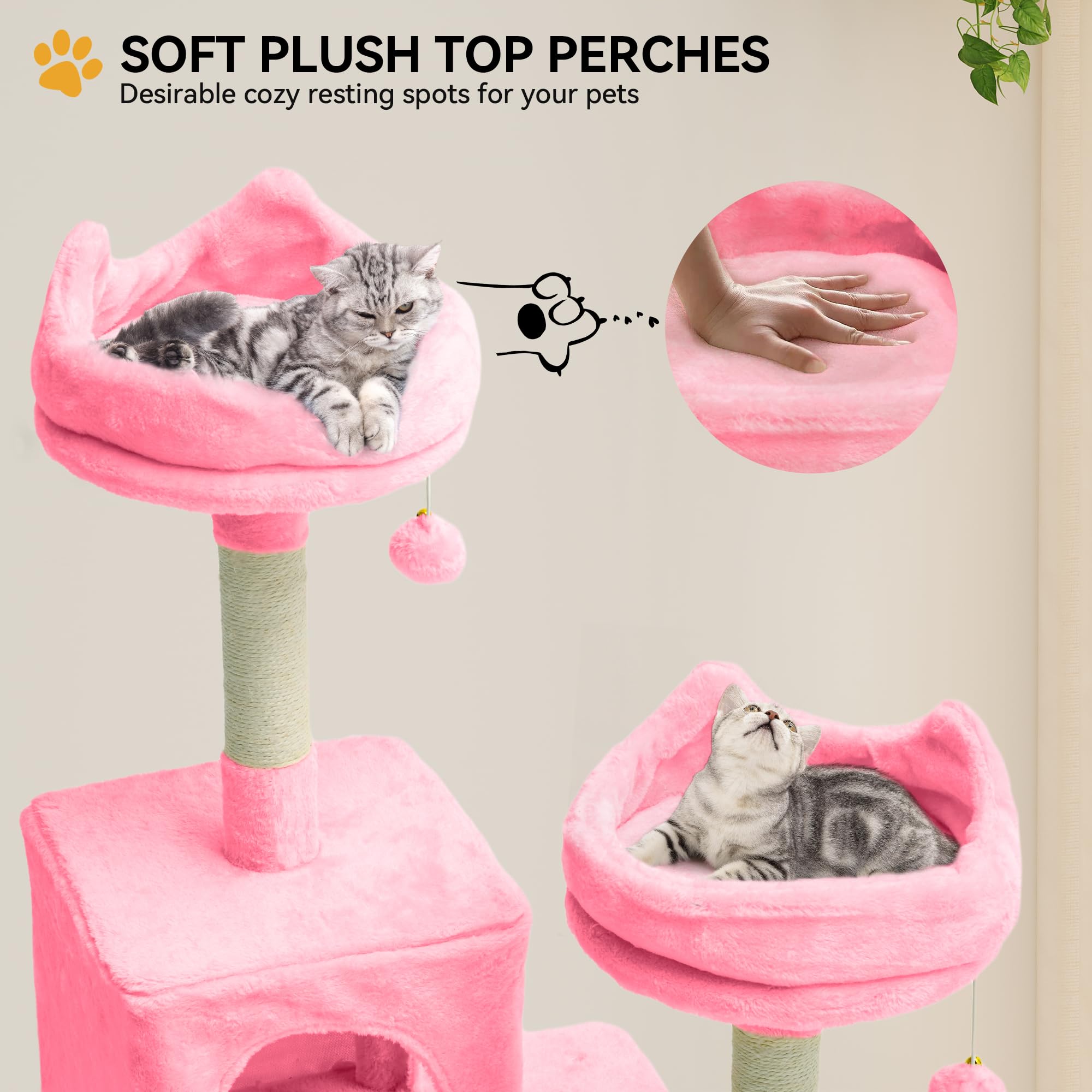 YITAHOME 75 Inch Tall Cat Tree for Indoor Cats - Multi-Level Cat Tower with Condos, Perches, Sisal Scratching Posts, Cozy Basket & Hammocks - Large Cat Activity Structure in Pink - Perfect for Play, Rest & Climbing in Home or Office