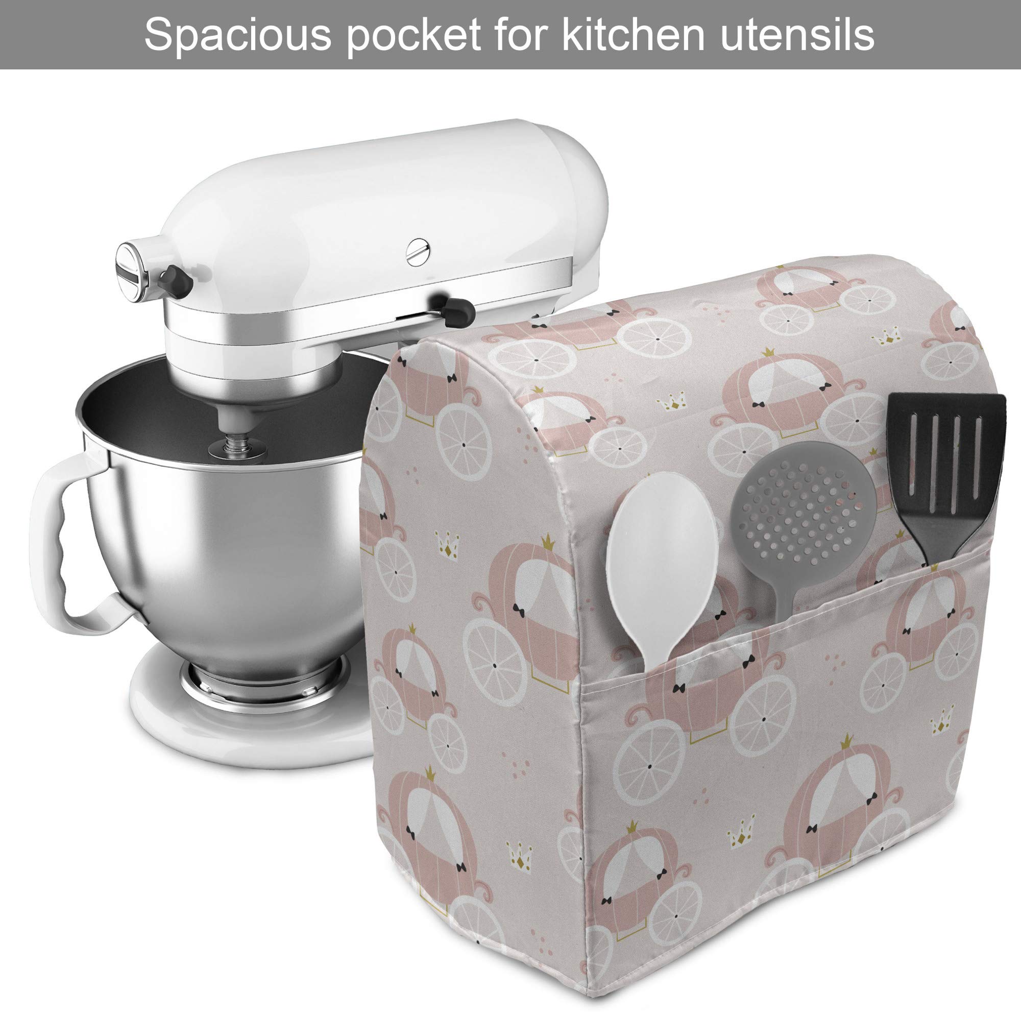 Ambesonne Pastel Stand Mixer Cover - Carriage Fiction Shower Girls Cartoon Design, 6-8 Quart Kitchen Appliance Organizer with Pocket, Pale Pink & White - Perfect for Kitchen Organization & Mixer Protection