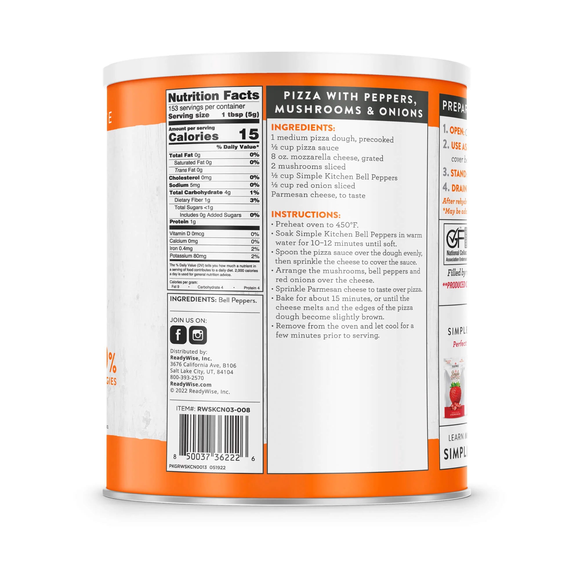 ReadyWise Simple Kitchen Freeze Dried Red & Green Bell Peppers - 153 Servings Can for Emergency Food Storage, Camping & Backpacking Meals