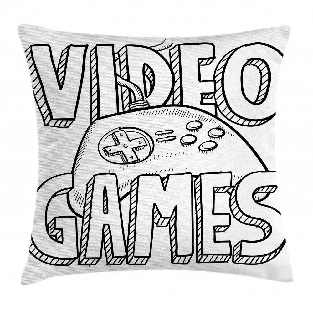 Lunarable Doodle Style Video Game Controller Sketch Throw Pillow Cover - 26x26 Inch Decorative Square Cushion Case in White & Black - Perfect for Gaming Rooms, Living Room Decor & Gamer Gifts