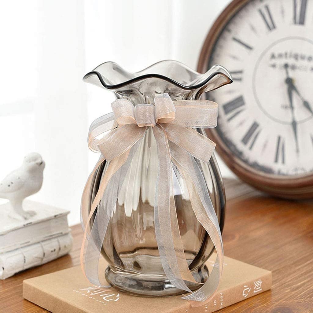 Large Transparent Glass Sculpture Vase with Ribbon Lotus Leaf Design - 16x13x30cm Home Decor for Living Room, Lily Flower Arrangement, Wedding Centerpiece & Modern Interior Decoration