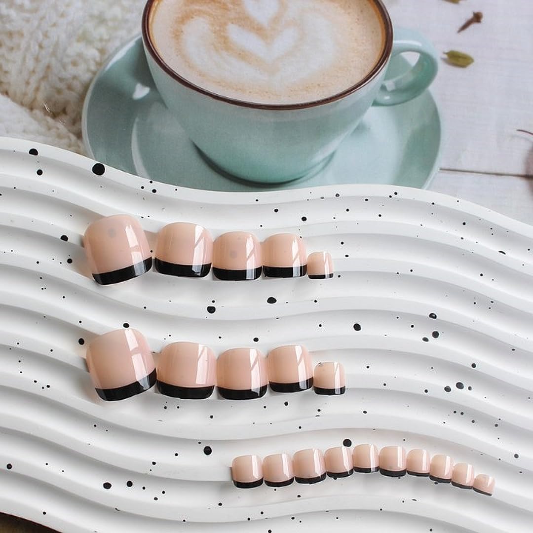 Black French Tip Press on Toenails for Women - Glossy Fake Short Square Acrylic Toe Nails | Reusable & Natural Seamless Fit | 24Pcs with Glue | Perfect for Pedicures, Parties & Everyday Wear