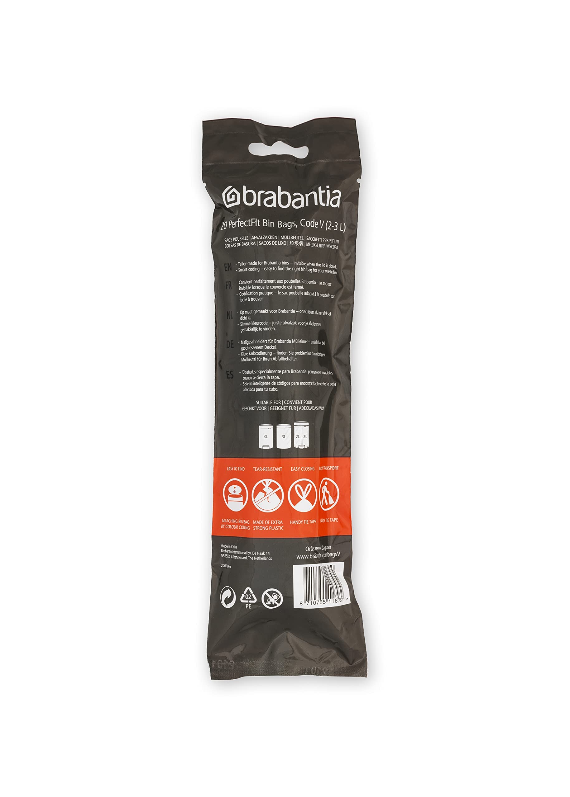 Brabantia PerfectFit Trash Bags - 200 Count, Size V (0.5-0.8 Gallon) - Thick Plastic Drawstring Trash Can Liners with Handles - Ideal for Small Bathroom, Office, or Bedroom Waste Bins