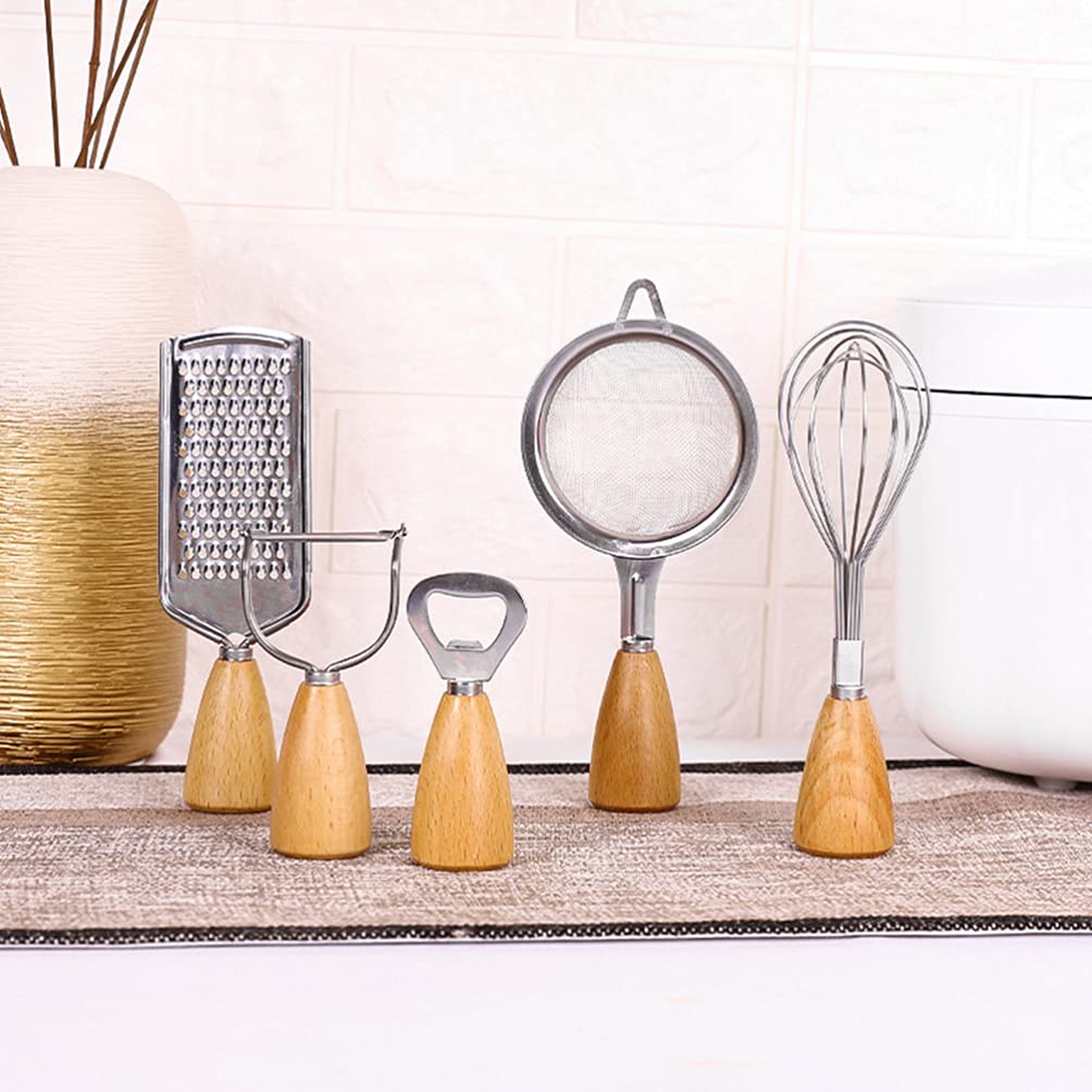 Manual Egg Cap Opener, Small Wire Whisk & Wooden Powdered Sugar Sieve - Essential Kitchen Hand Tools for Baking, Cooking & Housewarming Gifts