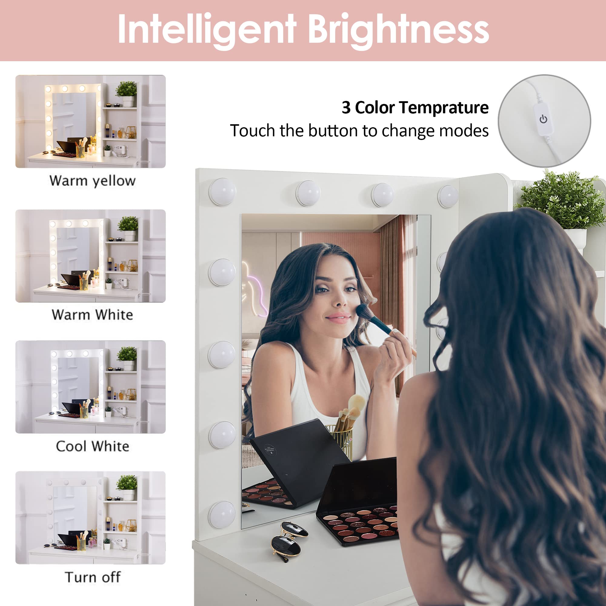 Vabches 37-inch Makeup Vanity with LED Lights & Power Strip - White Vanity Desk with 4 Drawers, Lighted Mirror & 3 Color Modes - Perfect for Bedroom, Dressing Room & Beauty Salon