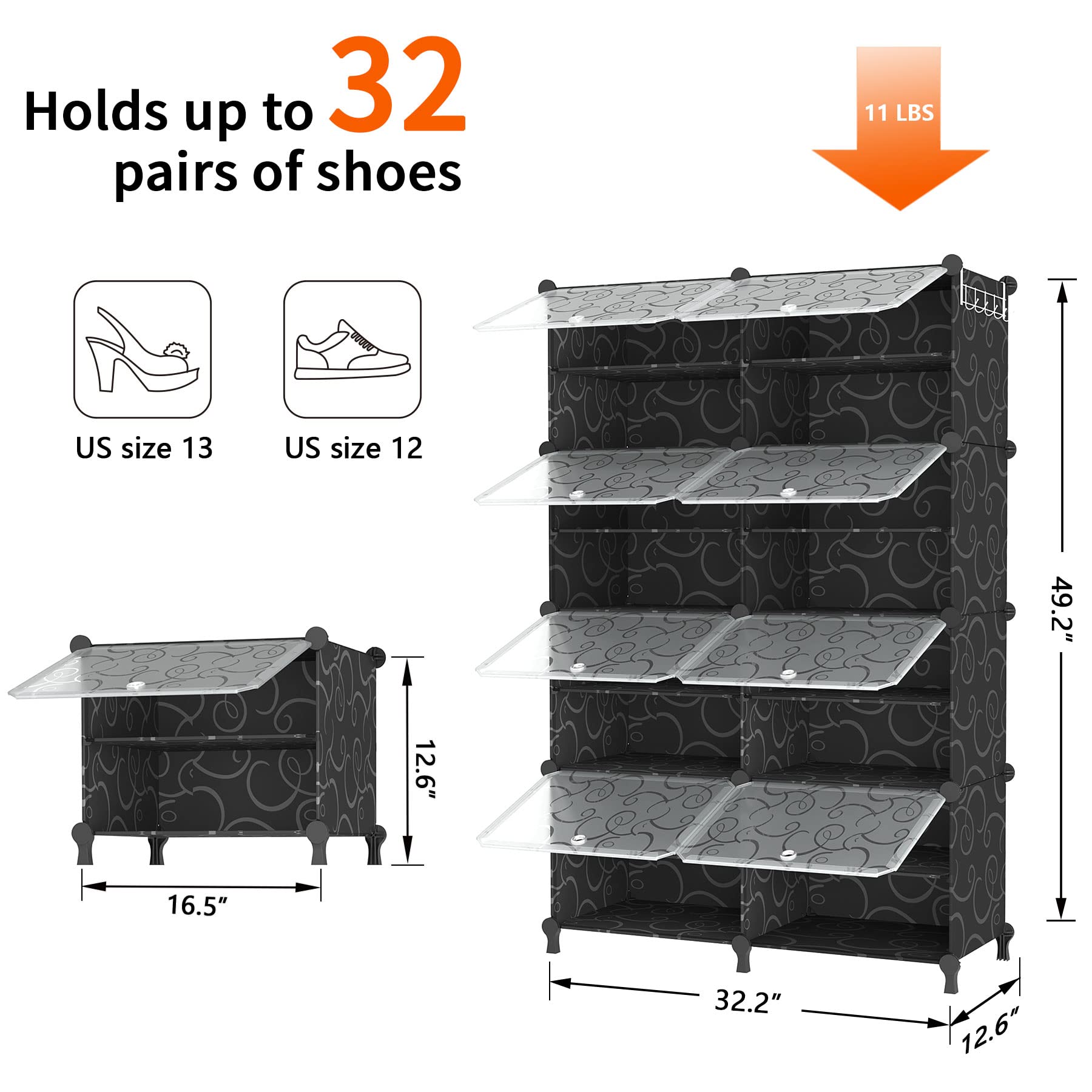 AWTATOS 8-Tier Shoe Storage Cabinet with Door - 32 Pair Shoe Organizer Shelves for Closet, Hallway, Bedroom & Entryway - Black | Space-Saving Shoe Rack for Home Organization & Small Spaces