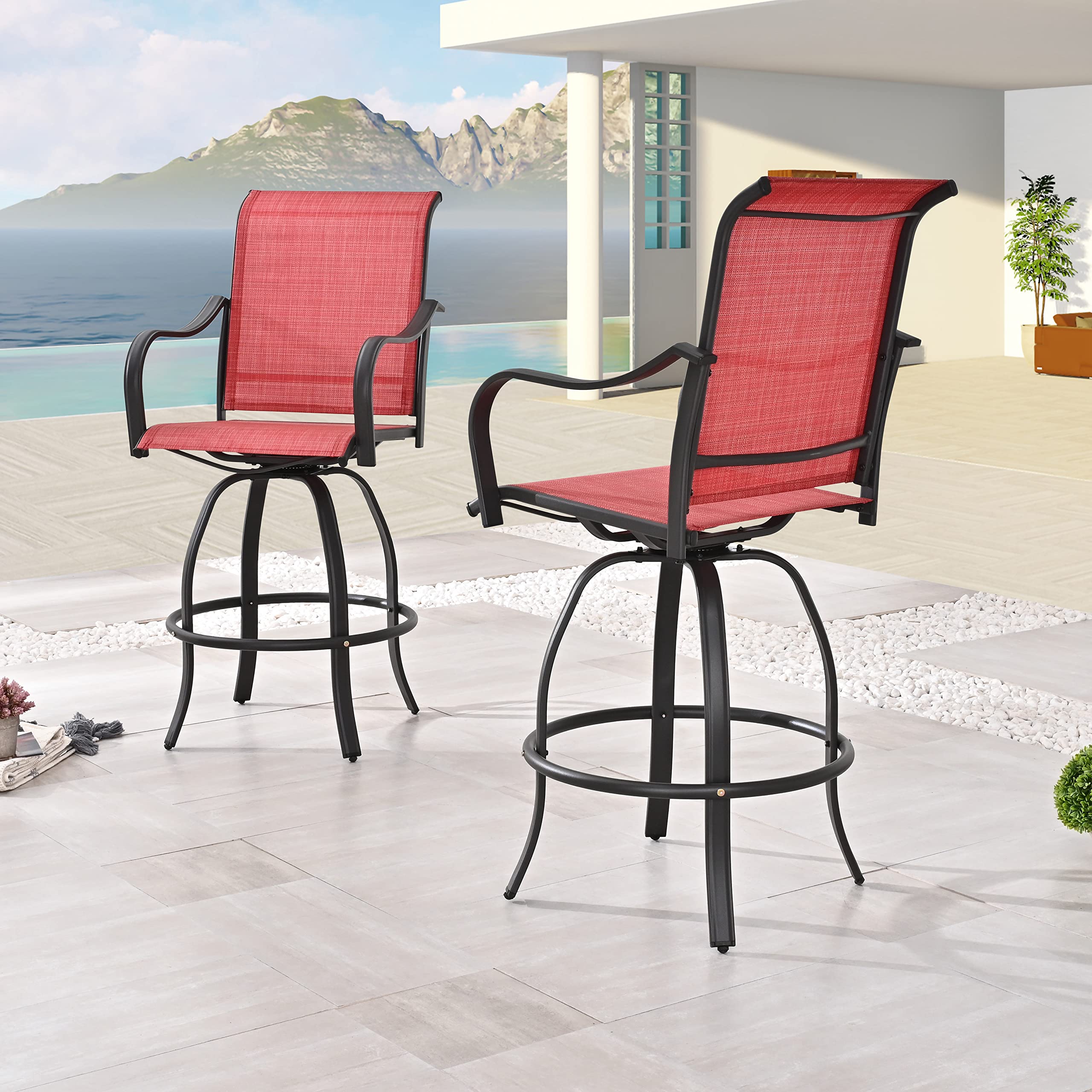 LOKATSE HOME 2-Piece Bar Height Swivel Stool Set - All-Weather Metal Frame & Red Tesling Fabric - Outdoor Patio Furniture for Backyard, Deck, Garden - Perfect for Poolside, BBQ, and Entertaining