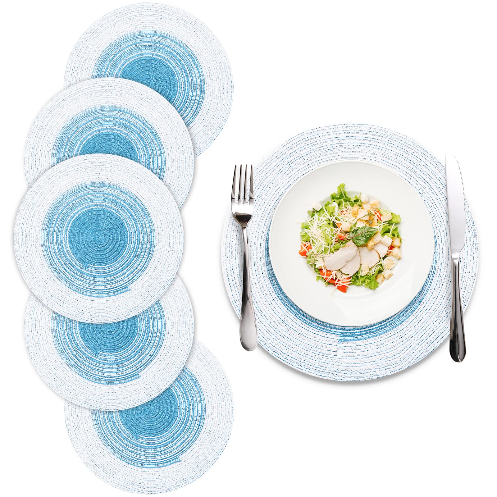 Round Braided Placemats Set of 6 - 14 Inch Washable Kitchen Table Mats in Light Blue - Perfect for Dining, Parties, and Home Decor