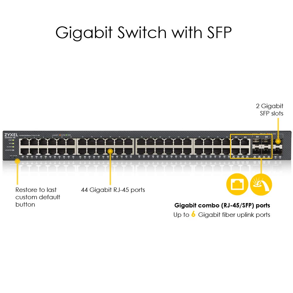 Zyxel 48-Port Gigabit Smart Managed Switch with 4 SFP Ports | Fanless Design | Optional Nebula Cloud Management | Ideal for Office Networks, Data Centers & Enterprise IT Infrastructure [GS1920-48v2]