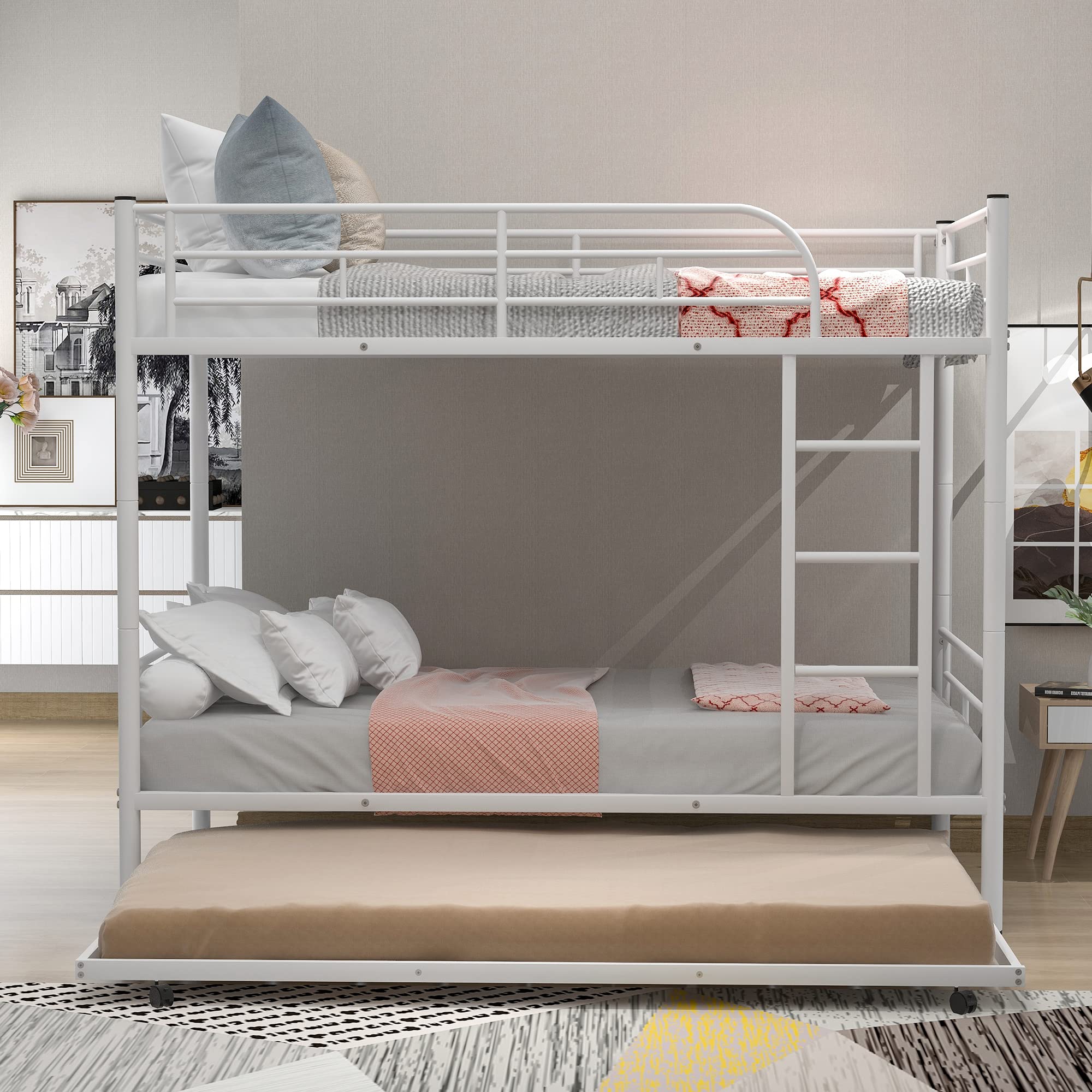 P PURLOVE Twin Over Twin Metal Bunk Bed with Trundle - Convertible to 2 Separate Beds - Sturdy Frame with Ladder - No Box Spring Required - White - Perfect for Kids' Bedroom, Guest Room & Space-Saving Solutions