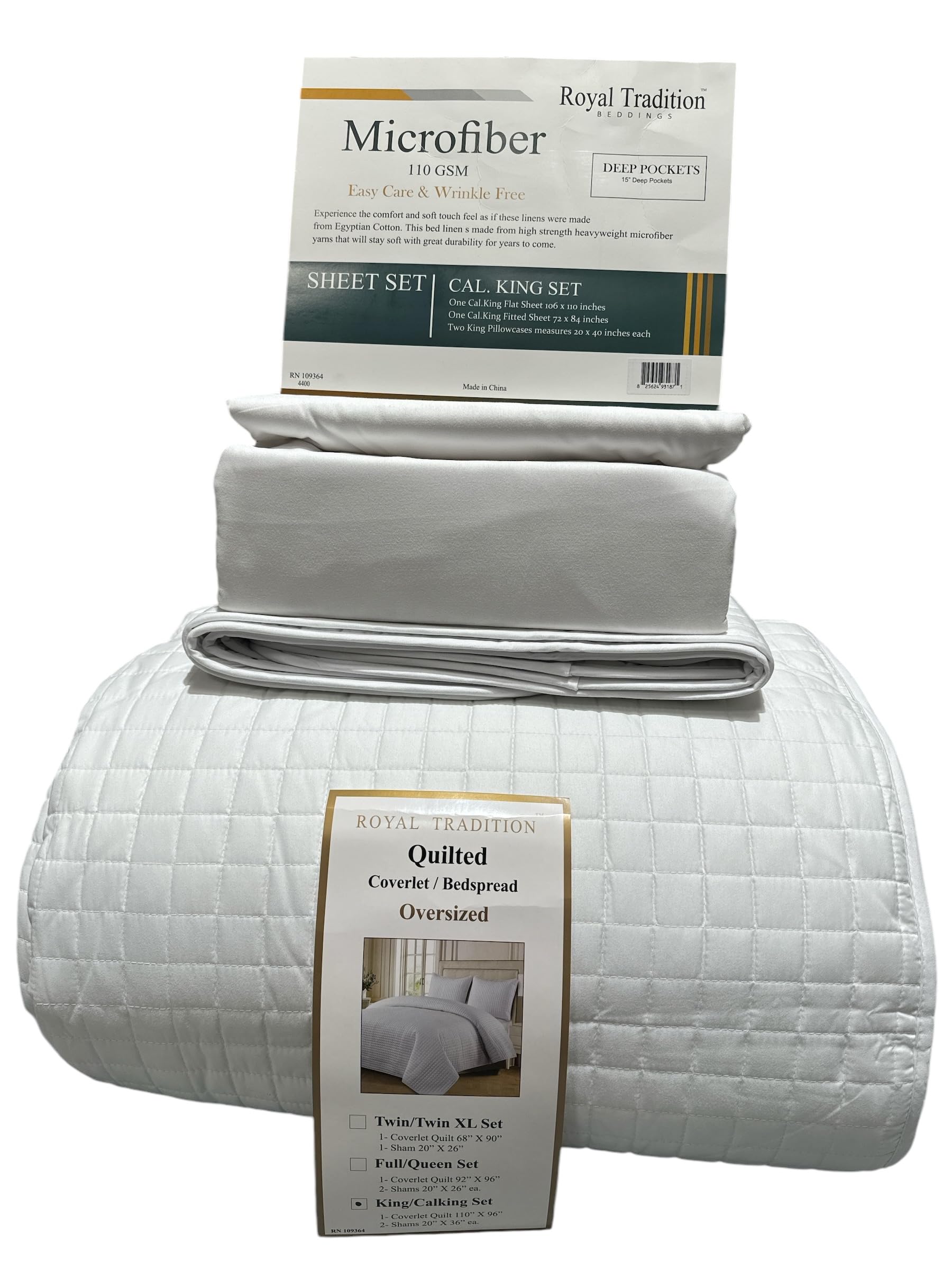 7-Piece California King Bedspread Set - White Checkered Quilted Wrinkle-Free Microfiber Bedding with 3-Piece Coverlet & 4-Piece Sheet Set - Perfect for Master Bedroom, Guest Room & Vacation Homes