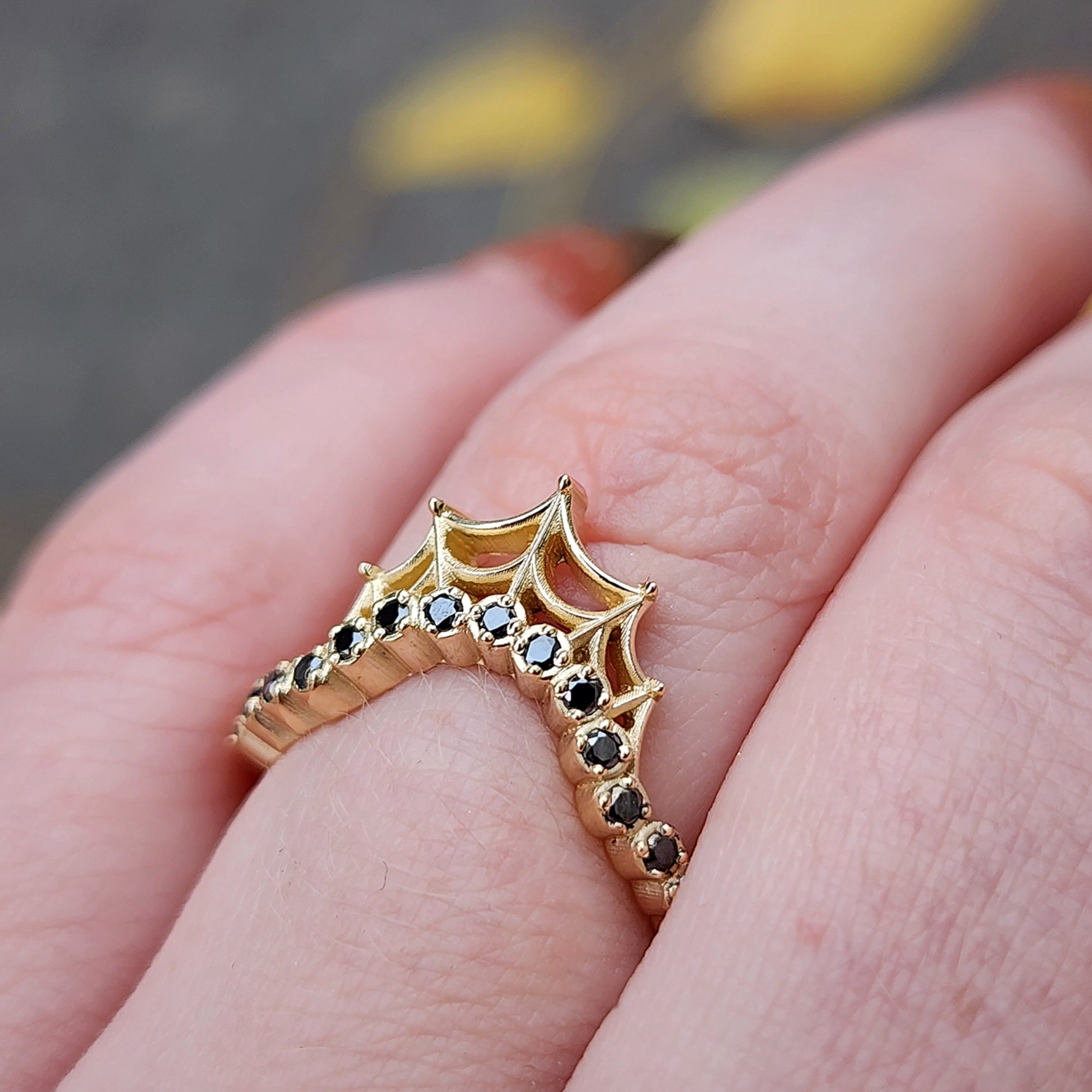 14k Gold Spider Web Stacking Ring - Cob Web Wedding Band with Black or White Diamonds | Gothic Fine Jewelry for Women | Perfect for Halloween, Gothic Weddings & Alternative Fashion