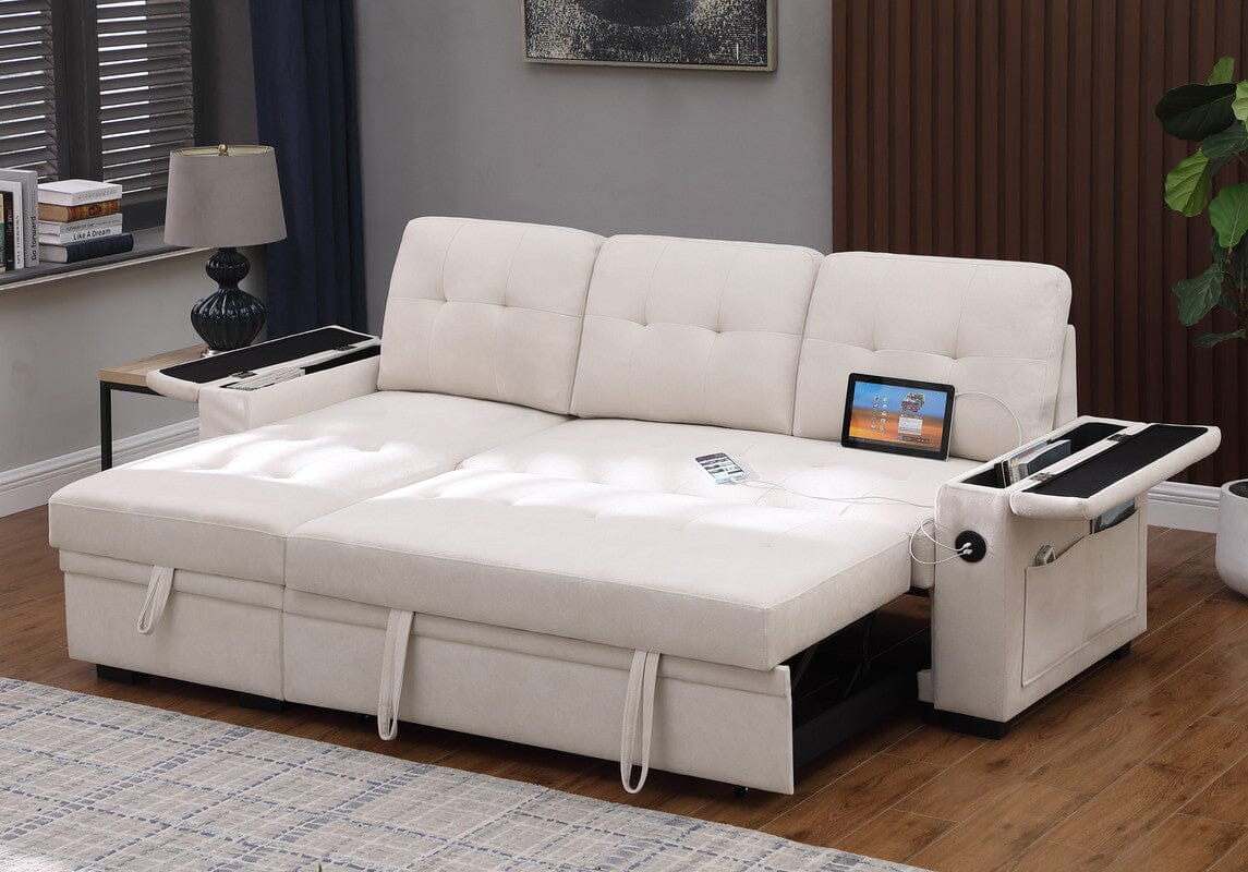 Ashlyn II 84W Beige Reversible Sleeper Sectional Sofa with Storage Chaise - Woven Fabric, Cup Holders, USB Charging Ports & Side Pockets | Convertible Sofa Bed for Small Spaces, Living Room, Apartment & Guest Room