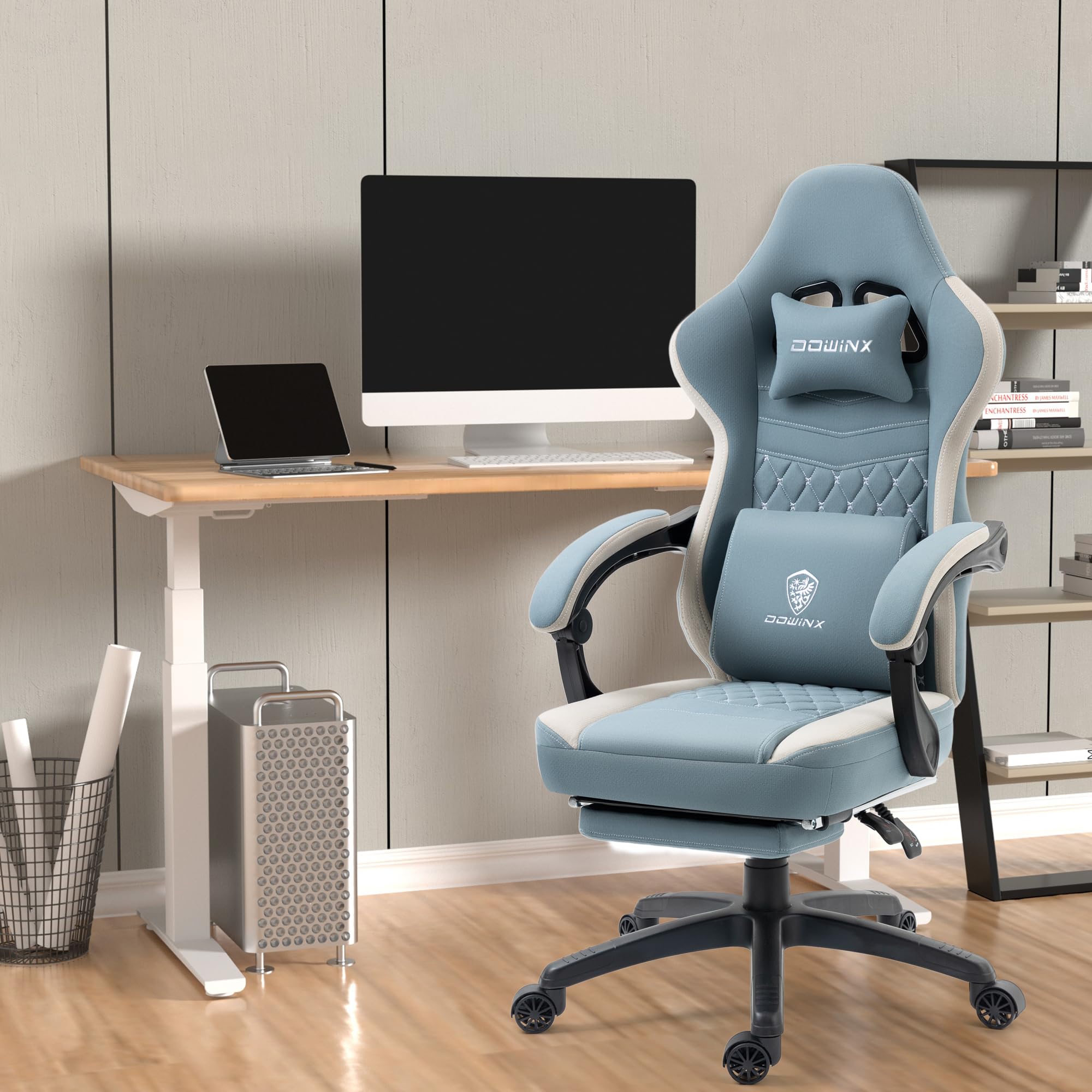 Dowinx Ergonomic Gaming Chair - Breathable Fabric Office Chair with Pocket Spring Cushion & Gel Pad, Adjustable Footrest & Storage Bag - Blue Computer Chair for Gamers & Home Office Use