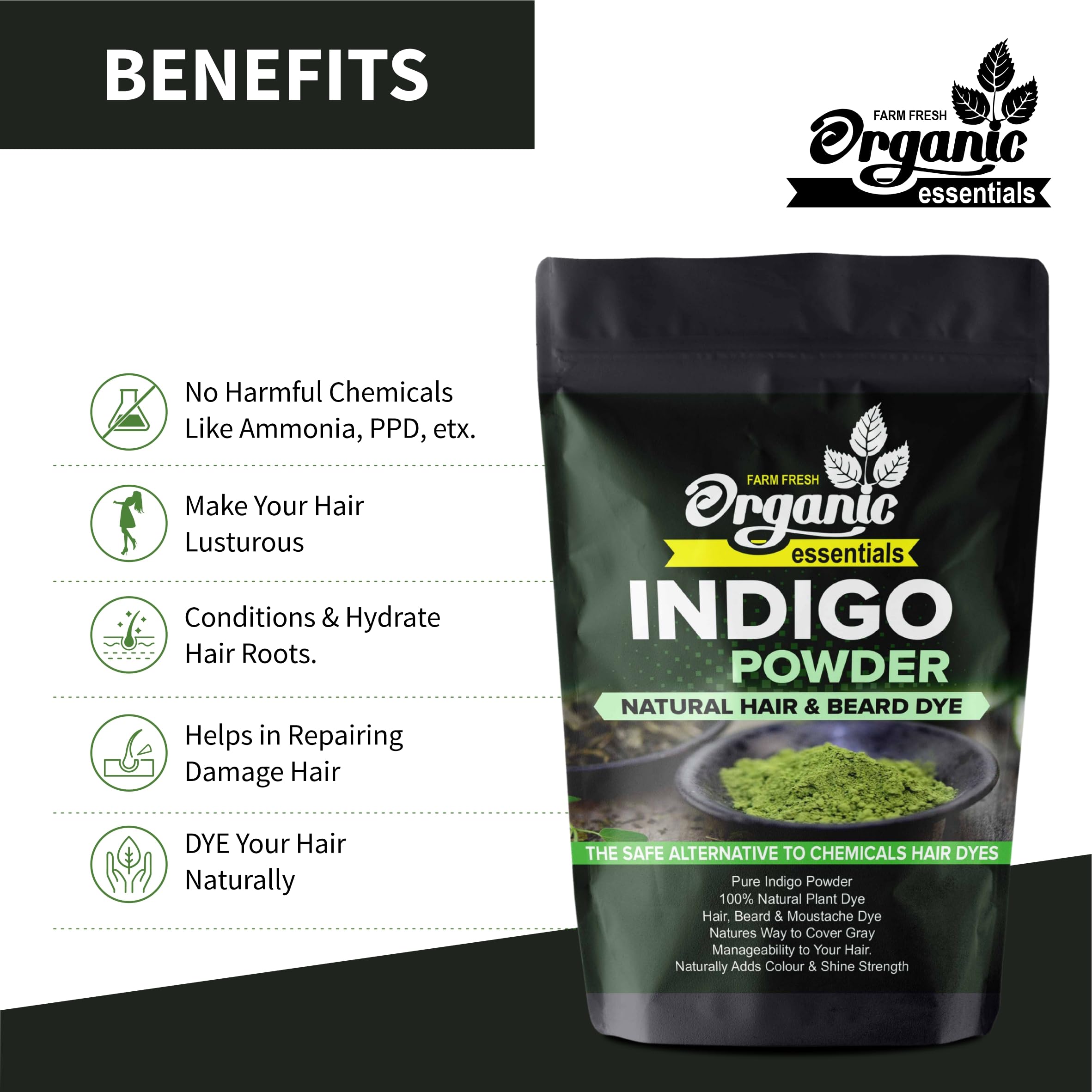 Organic Indigo Powder for Hair & Beard - 250g Pure Natural Hair Dye, Chemical-Free Herbal Colorant | Safe DIY Hair Coloring, Gray Coverage & Natural Black Dye for Men & Women