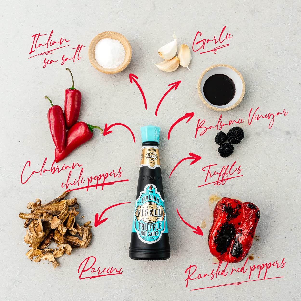 FIRELLI Truffle Hot Sauce - 5oz Bottle (Pack of 6) | Premium Italian Hot Sauce with Calabrian Chili Peppers | Gluten Free, Keto Friendly | Perfect for Truffle Fries, Sandwiches, Pizza & Pasta | Made in Italy | Great for Gifting & Home Cooking