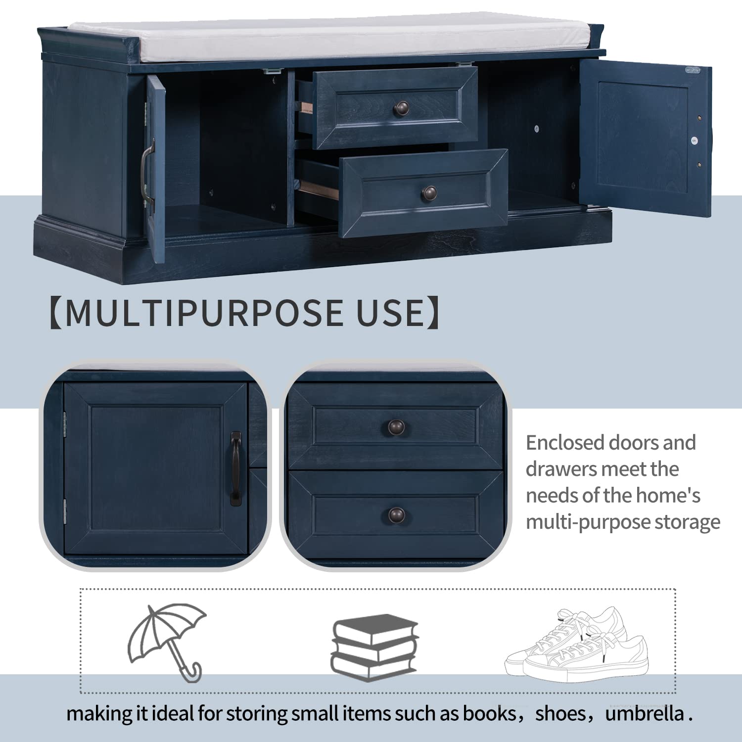 Merax Storage Bench with 2 Drawers & 2 Cabinets - Entryway Shoe Bench with Removable Cushion for Living Room, Hallway & Bedroom Organization