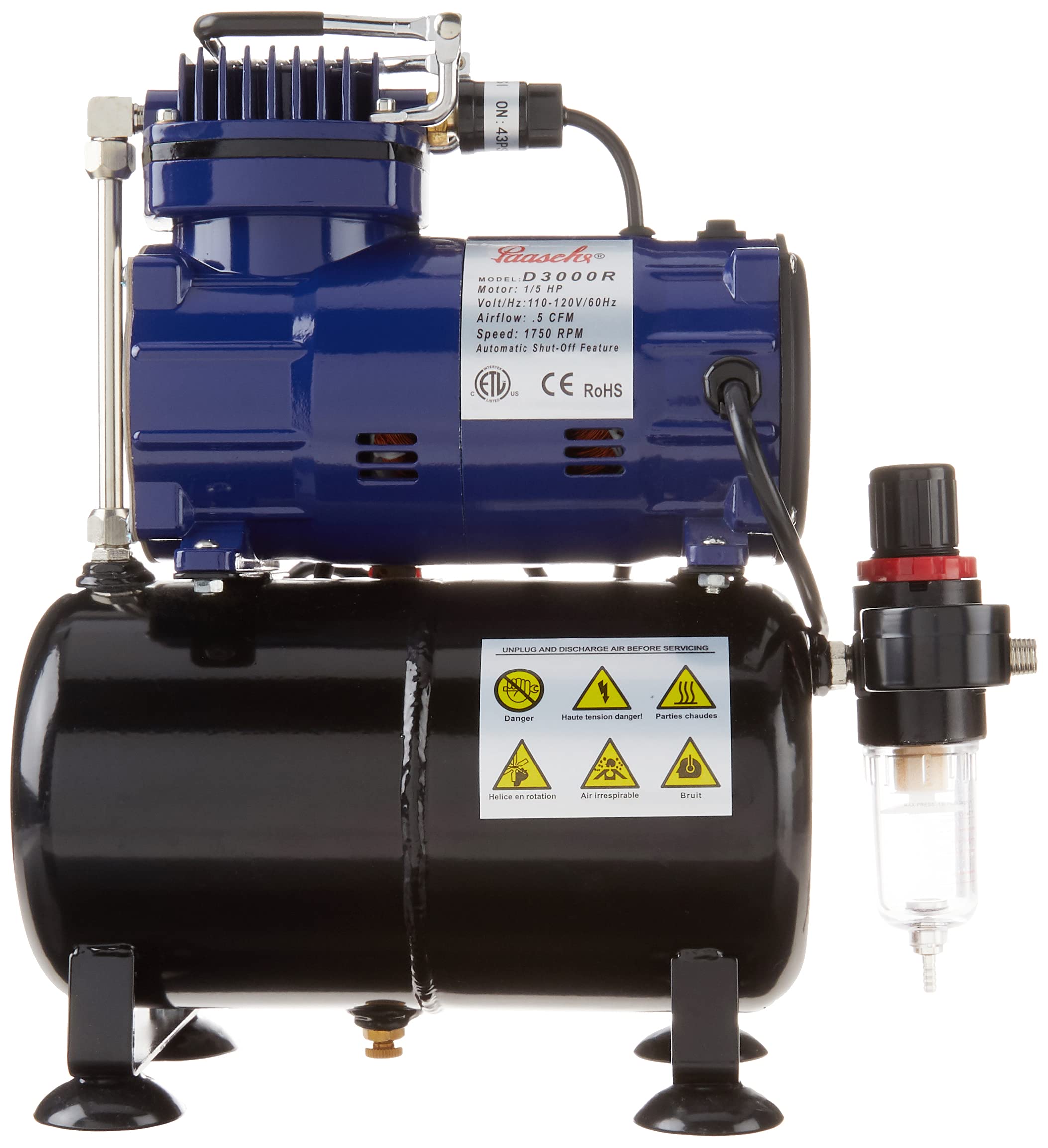 Paasche D3000R 1/5 HP Airbrush Compressor with Tank, Regulator & Moisture Trap - Blue & Black - Perfect for Airbrushing, Hobby Painting & DIY Crafts