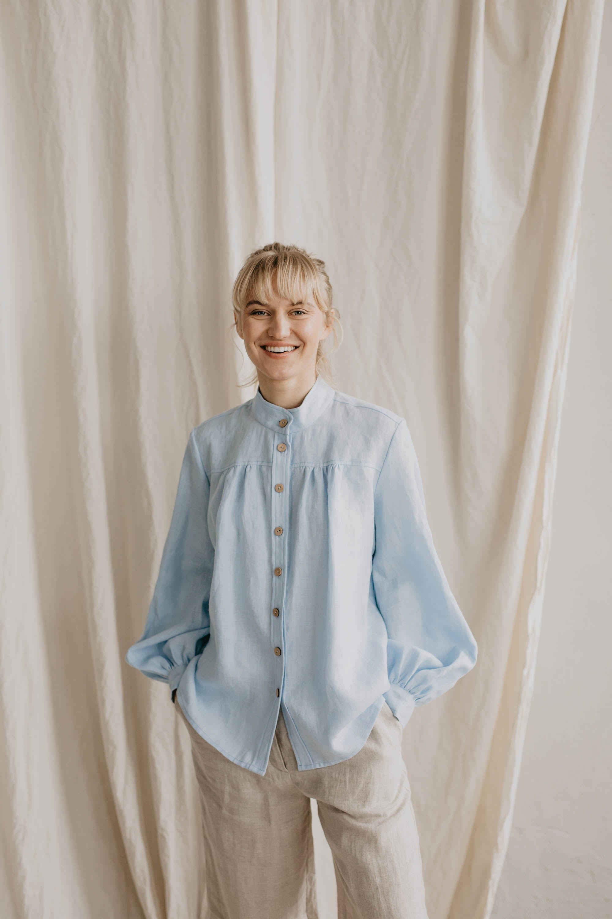Indraja Women's Linen Shirt - Breathable Summer Blouse with Button Down Collar | Casual & Office Wear | Multiple Colors (Blue, White, Beige) | Perfect for Beach Outings, Work & Weekend Brunch