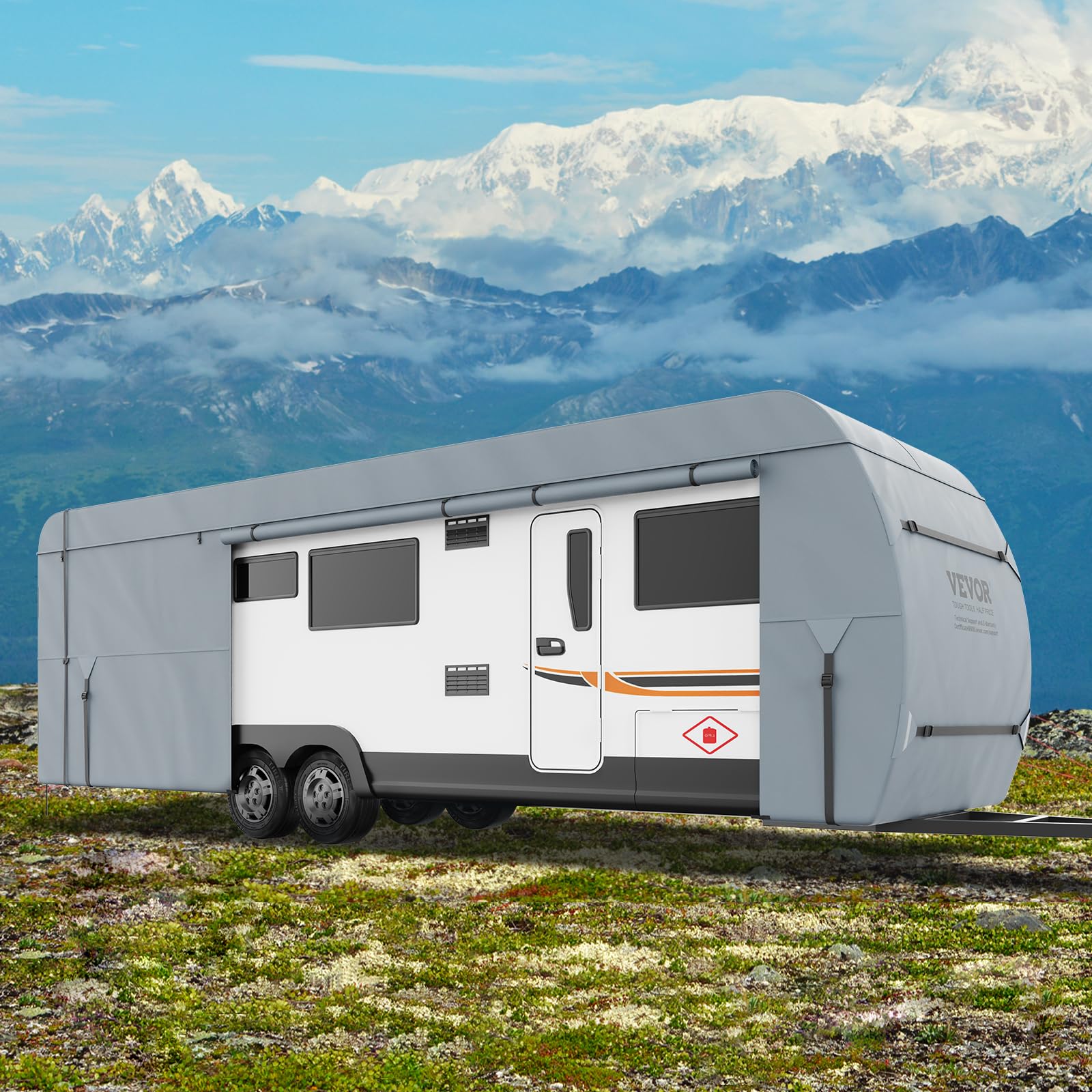 VEVOR 18-20' RV Travel Trailer Cover - 4-Layer Waterproof Windproof Camper Cover with Storage Bag | Heavy Duty Rip-Stop Non-Woven Fabric for Class A Motorhomes | Perfect for Outdoor Storage & Winter Protection