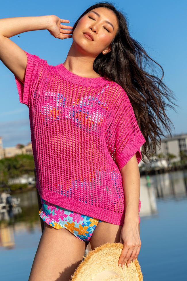 Wave Of Relief Pink Short Sleeve Open Knit Cover Up Sweater - Lightweight Summer Beachwear for Women, Perfect for Poolside, Vacation & Casual Outings
