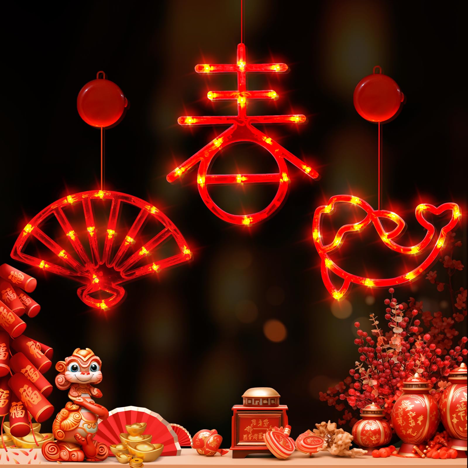 LOLStar 2025 Chinese New Year Decorations - 3 Pack Red Lunar New Year Window Lights with Chinese Fan, Spring (Chun) & Koi Fish Design | Battery Operated Hanging Lights with Suction Cups | Perfect for Spring Festival Home Decor, Party Supplies & Asian Holiday Celebrations