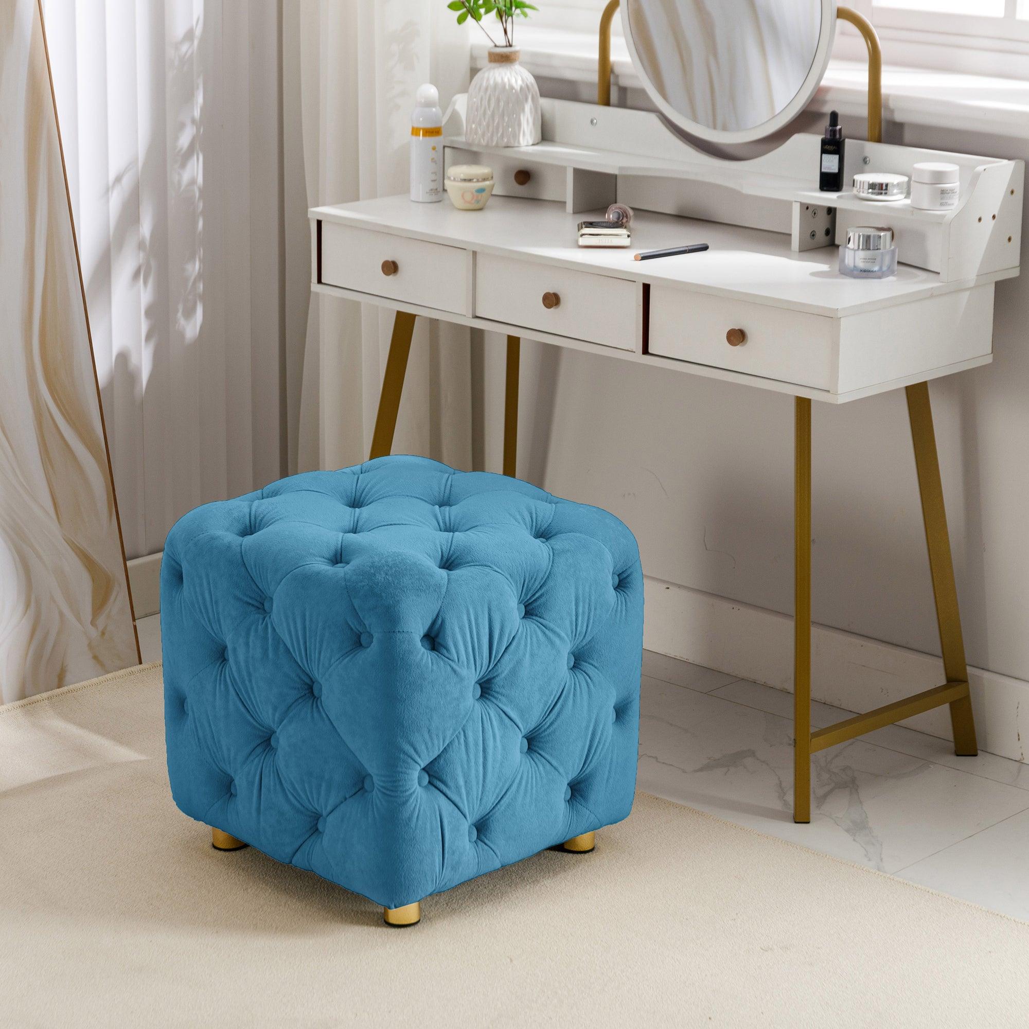 Blue Modern Velvet Upholstered Ottoman - Small End Table & Soft Foot Stool | Dressing Makeup Chair with Comfortable Seat for Living Room, Bedroom & Entryway | Perfect for Lounging, Storage & Home Decor