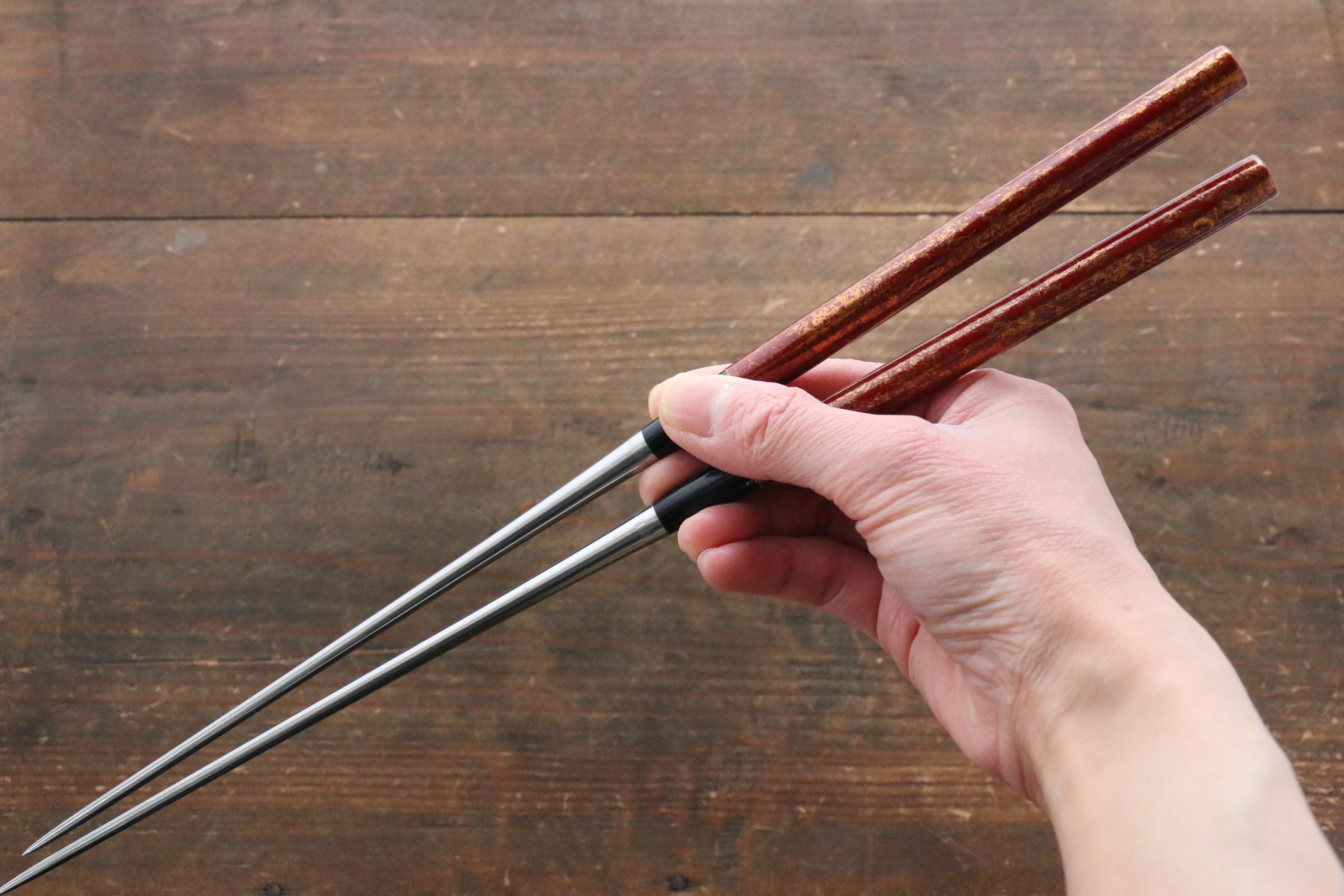 Premium Moribashi Cooking Chopsticks - 180mm Red & Gold Splash Design - Heat-Resistant Japanese Kitchen Utensils for Stir-Frying, Serving, and Garnishing Dishes
