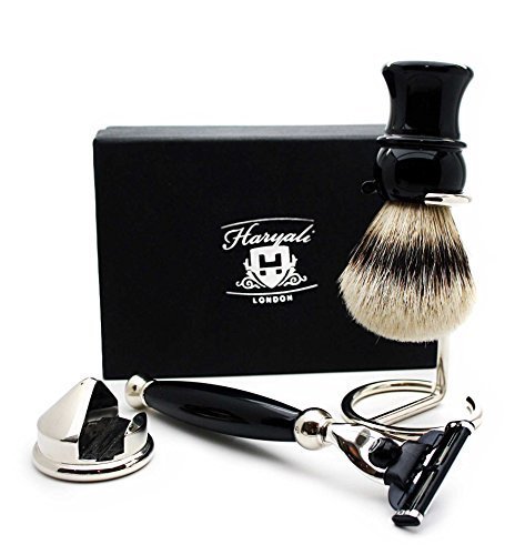 Premium 4-Piece Shaving Kit - Haryali London Silver Tip Badger Hair Shaving Brush, Ergonomic Triangular Cartridge Razor & Stainless Steel Stand - Luxury Wet Shaving Set for Men - Perfect Gift for Father's Day, Birthday & Travel